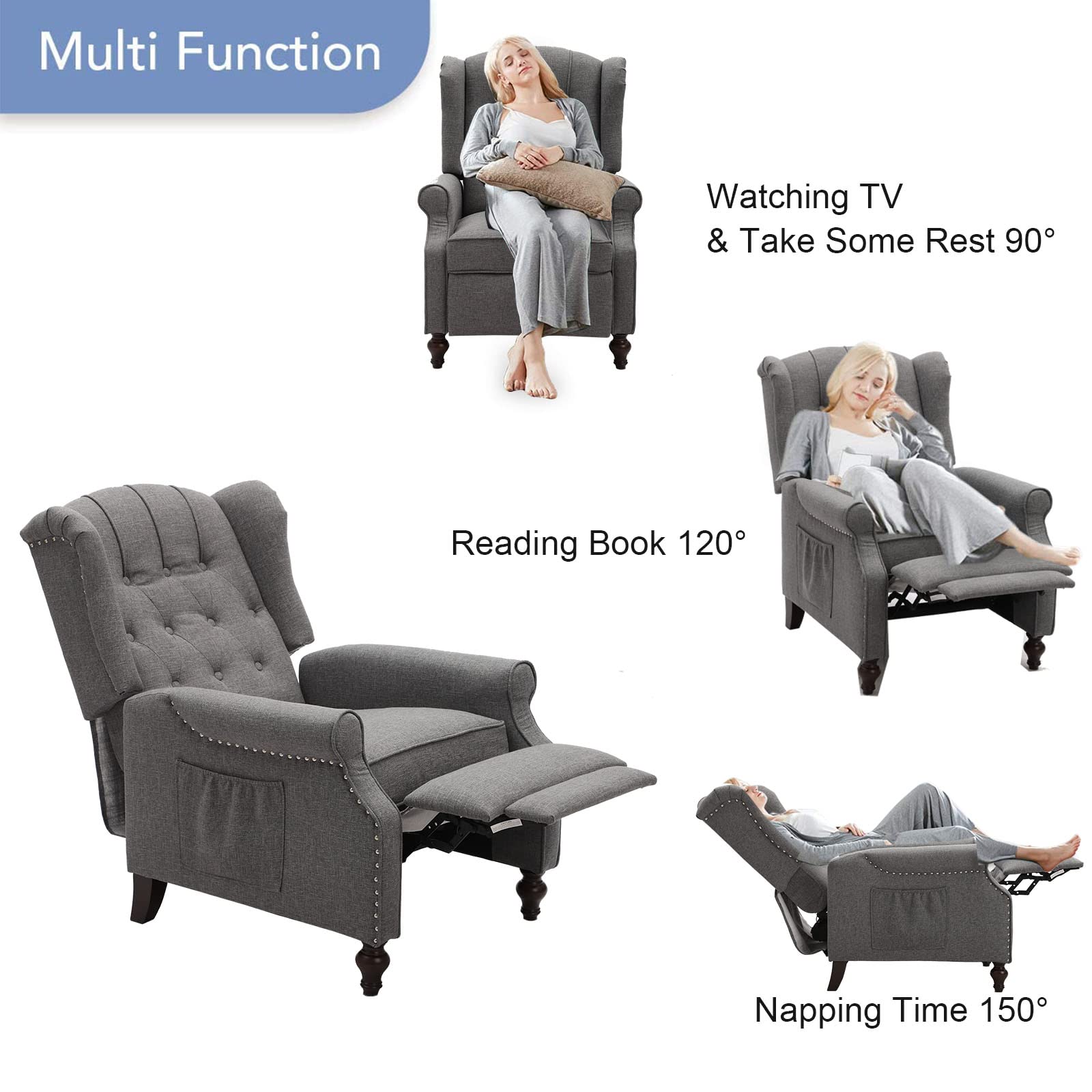 IPKIG Heated Massage Recliner Chair - Tufted Wingback Push Back Armchair with Side Pockets, Grey - Perfect for Living Room, Bedroom & Home Office Relaxation