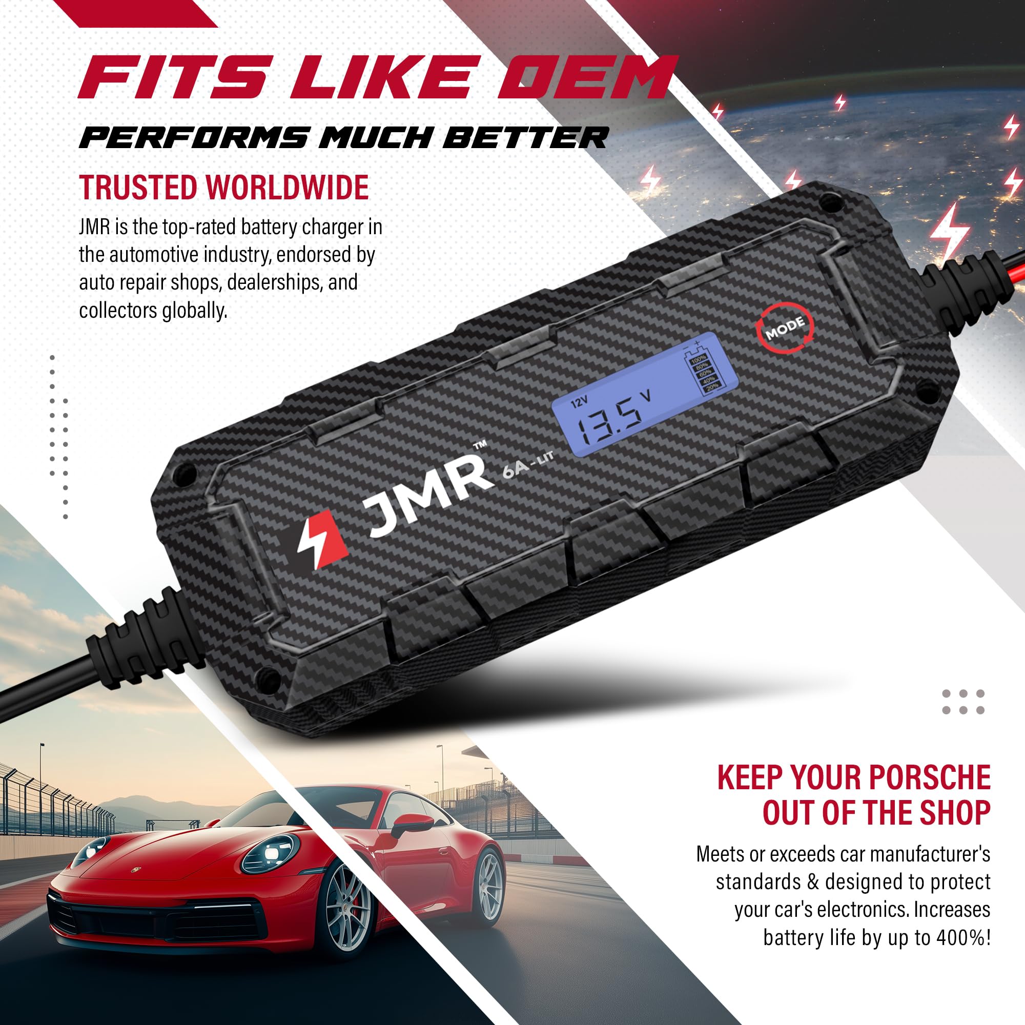JMR Smart Battery Charger & Maintainer for Porsche 911, Panamera, Cayenne, Macan, Cayman 718, Boxster - 12V Lithium & Lead Acid Trickle Charger with Auto Mode - Perfect for Winter Storage & Long-Term Vehicle Maintenance