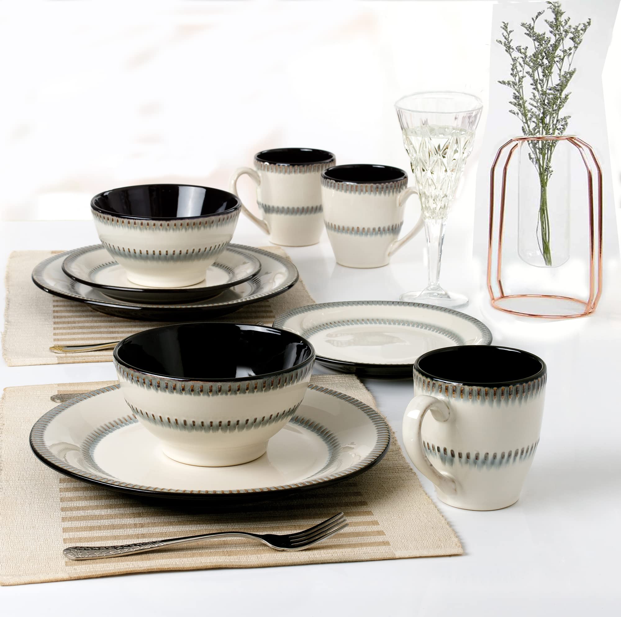 Elegant Modern Stoneware Scroll Dinnerware Set - 16 Piece Contrast Design for Dinner Parties, Weddings & Special Events - Perfect for Hosting, Entertaining & Formal Dining