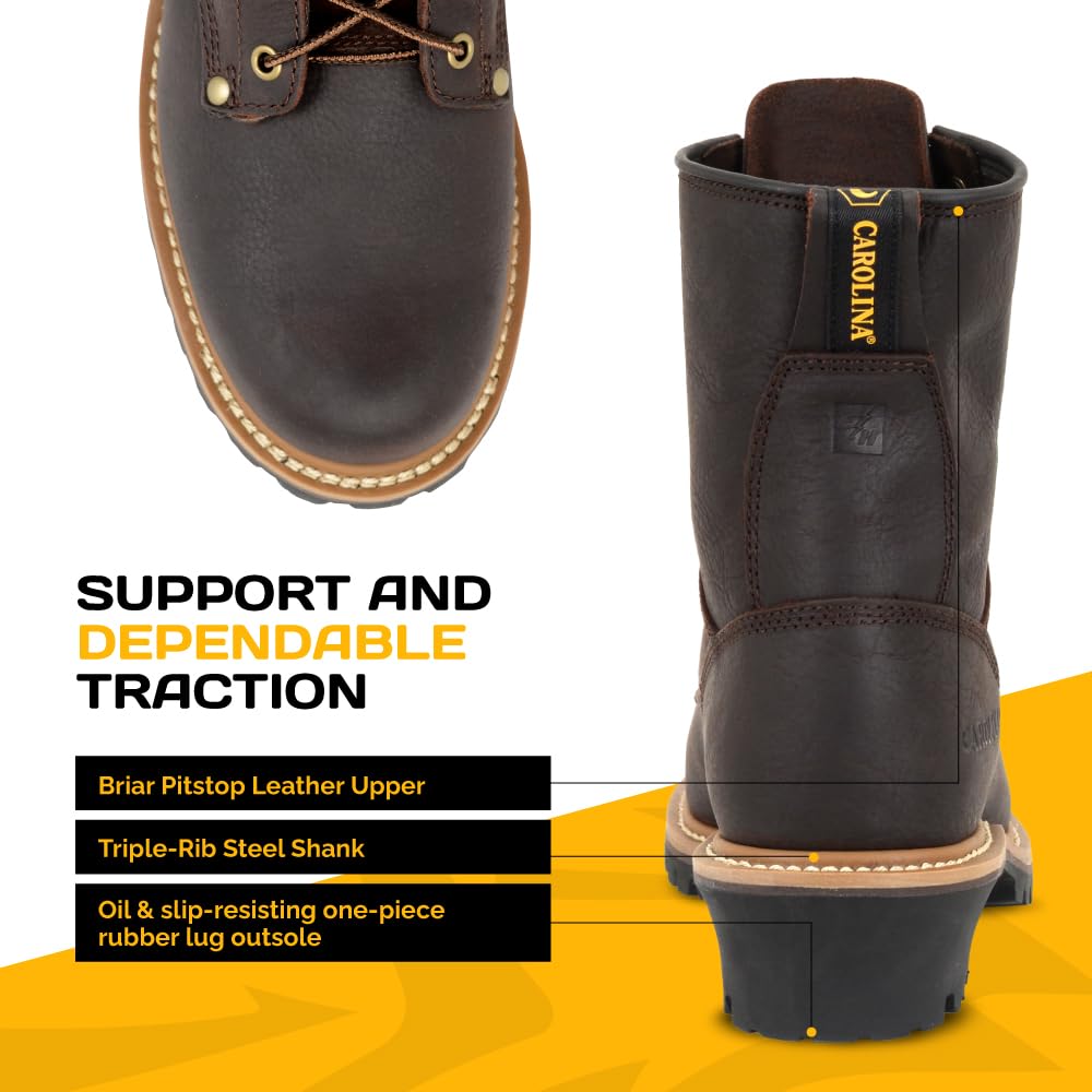 **Carolina Elm 8-Inch Steel Toe Logger Work Boots for Men - Rugged Leather Upper, Comfort Footbed, Oil & Slip-Resistant Rubber Lug Outsole, EH Rated - Ideal for Construction, Logging & Heavy-Duty Work**
