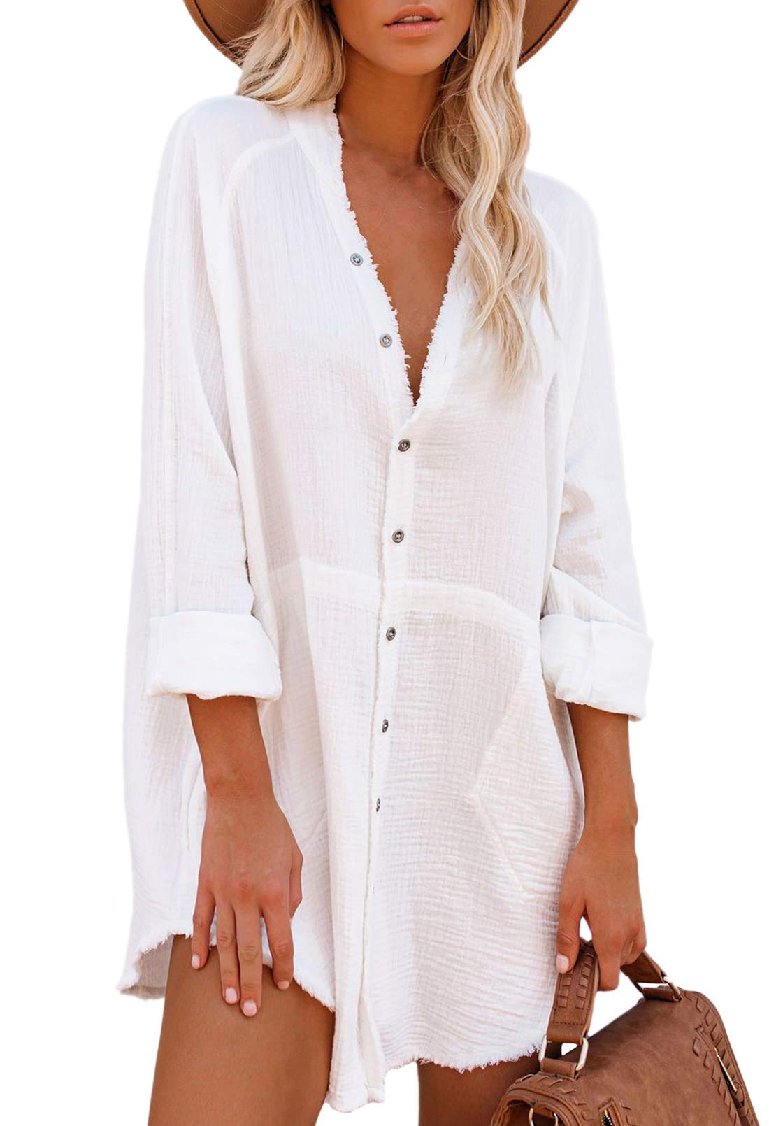 Pink Queen Women's V-Neck Long Sleeve Button Down Blouse Tunic Shirt Mini Dress with Pockets - Elegant Office Wear, Casual Outfit & Spring Fashion for Women