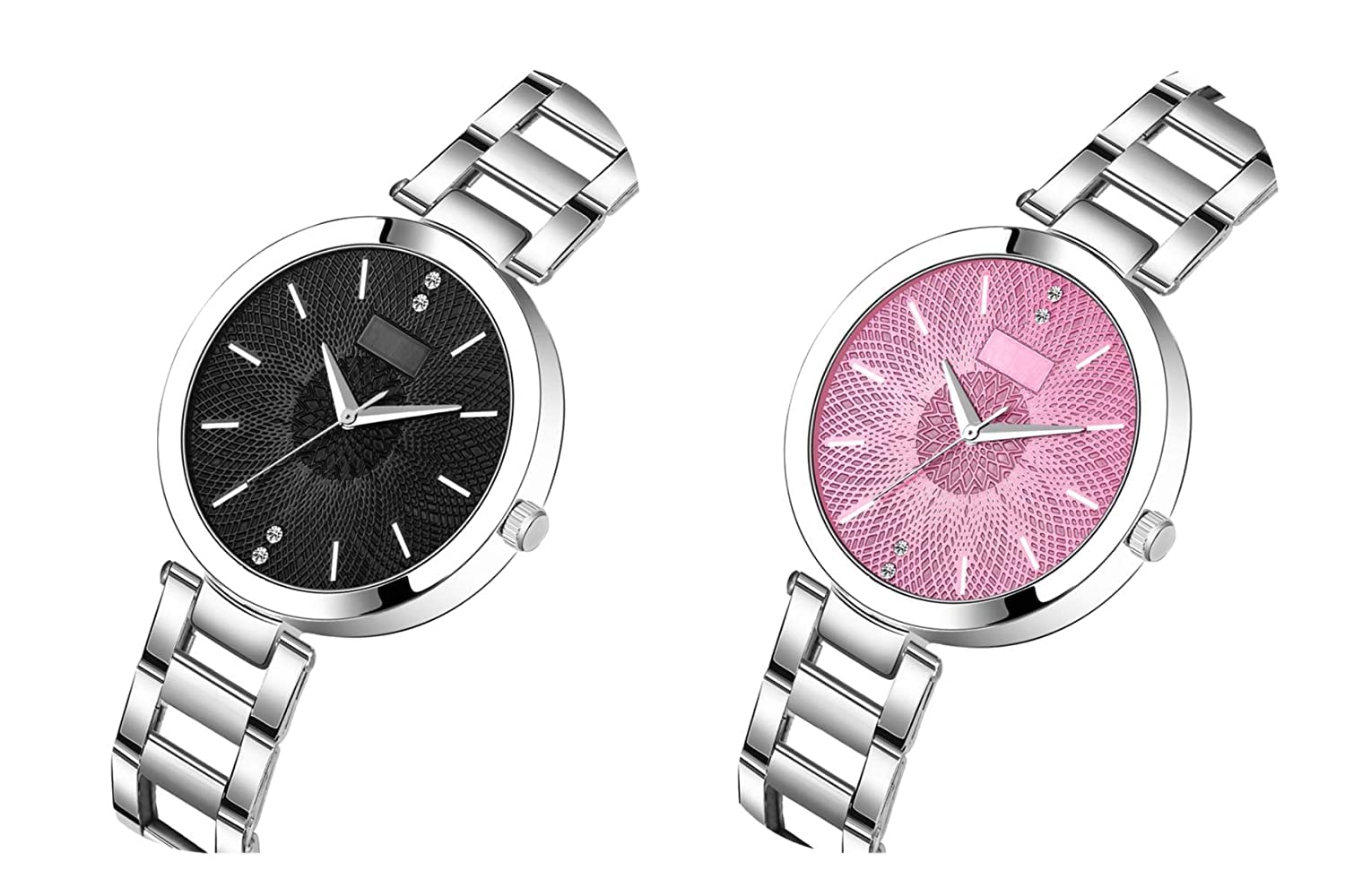 Elegant Analog Watch Set for Women & Girls - Round Dial Stainless Steel Band (Black & Pink) - Perfect for Everyday Wear, Office & Special Occasions