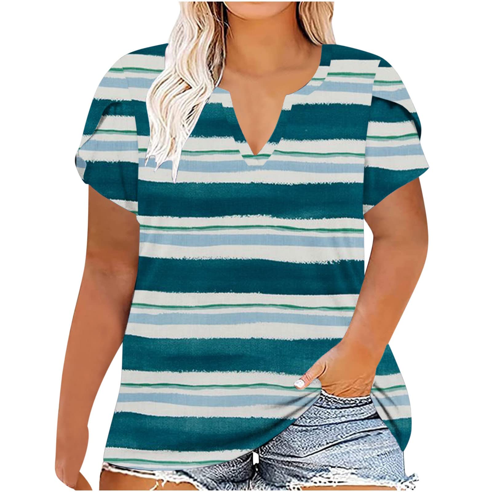 Plus Size Women's V-Neck T-Shirt with Petal Sleeves - Comfortable Loose Fit Summer Top for Casual Wear, Layering & Everyday Outfits