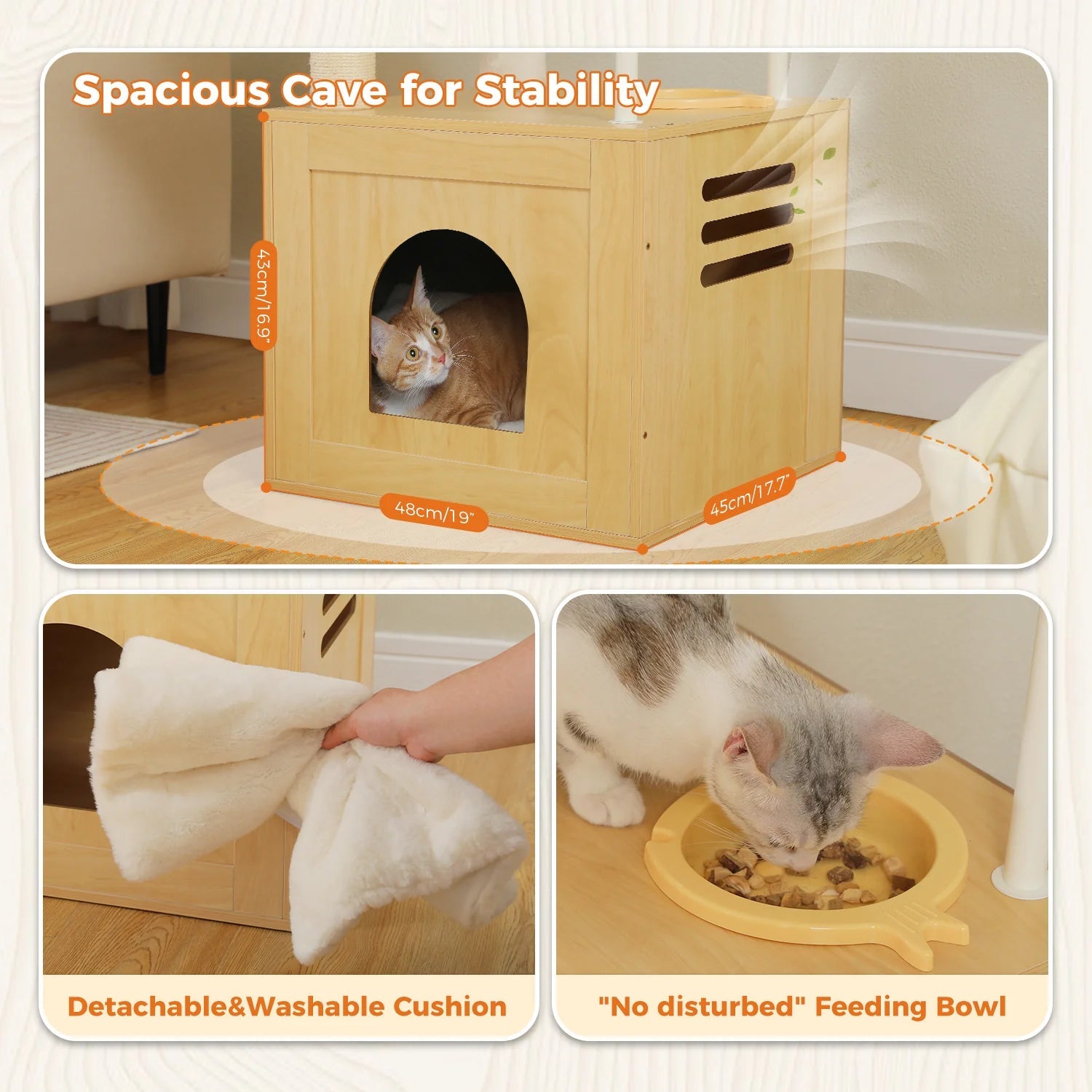 190cm Tall Wooden Cat Tree Tower with Feeding Bowls - Multi-Level Cat Condo & Scratching Post for Large Cats, Beige | Perfect for Indoor Play, Climbing & Relaxation in Living Room or Bedroom