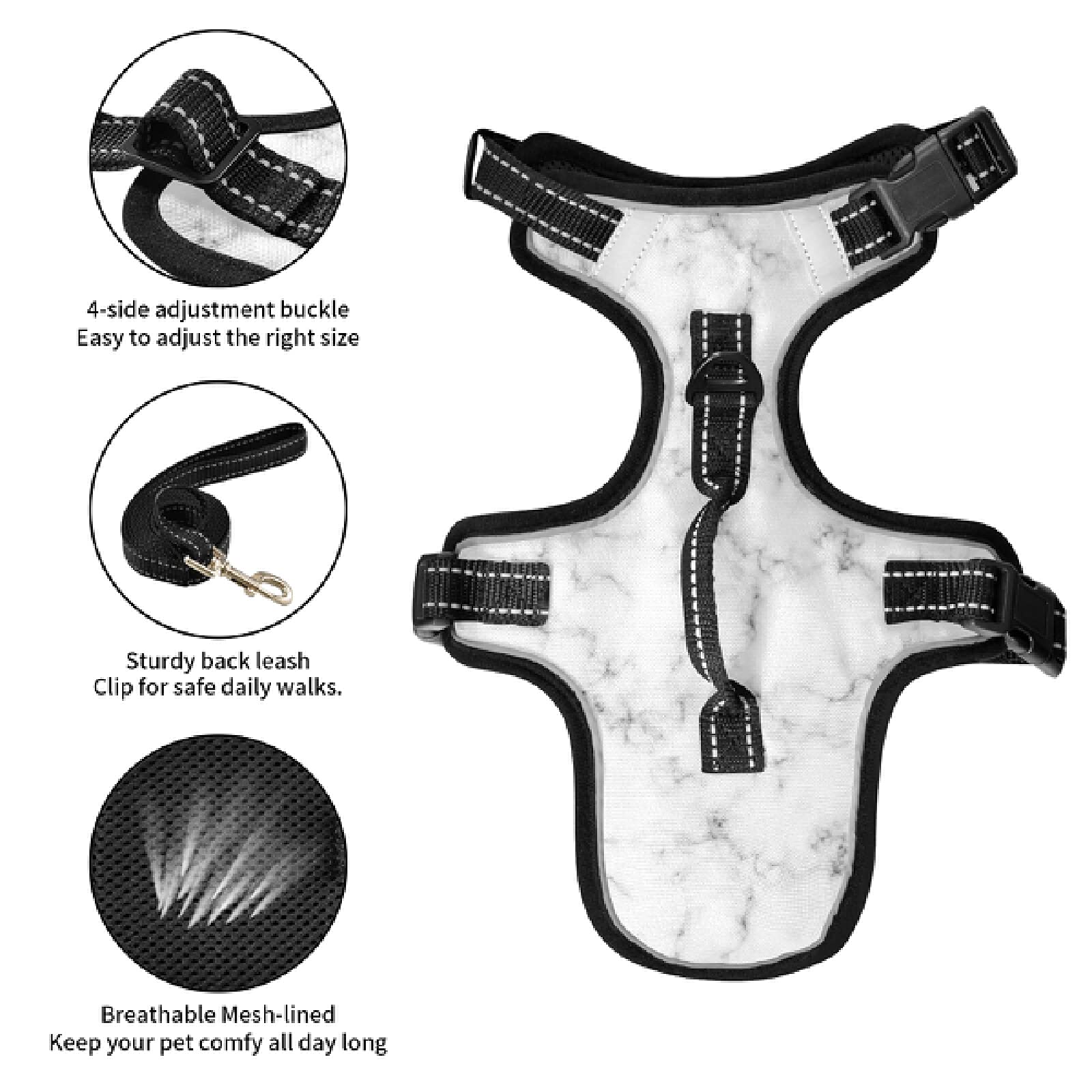 Xigua Reflective No-Pull Dog Harness - Breathable Marble Pet Vest with Nylon Handle for Small & Medium Dogs | Perfect for Night Walks, Hiking & Outdoor Adventures
