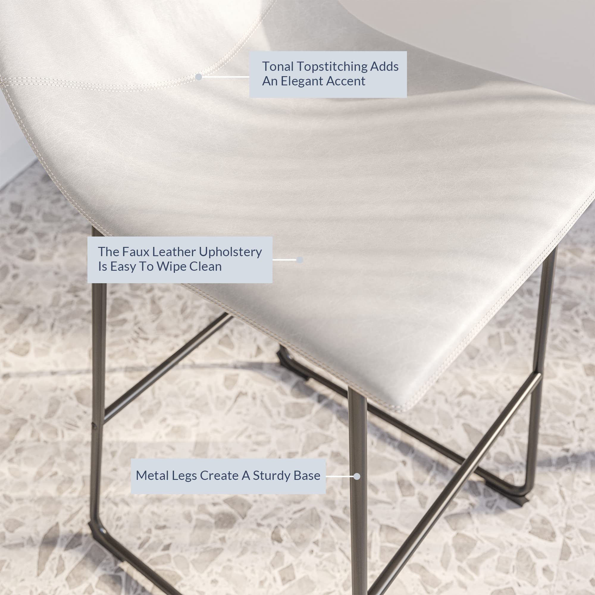 BELLEZE Set of 2 Modern Faux Leather Bar Stools - Upholstered Counter Height Kitchen Island Stools with Molded Low Back, White (Zariah) - Perfect for Home Bar, Breakfast Nook & Small Space Dining