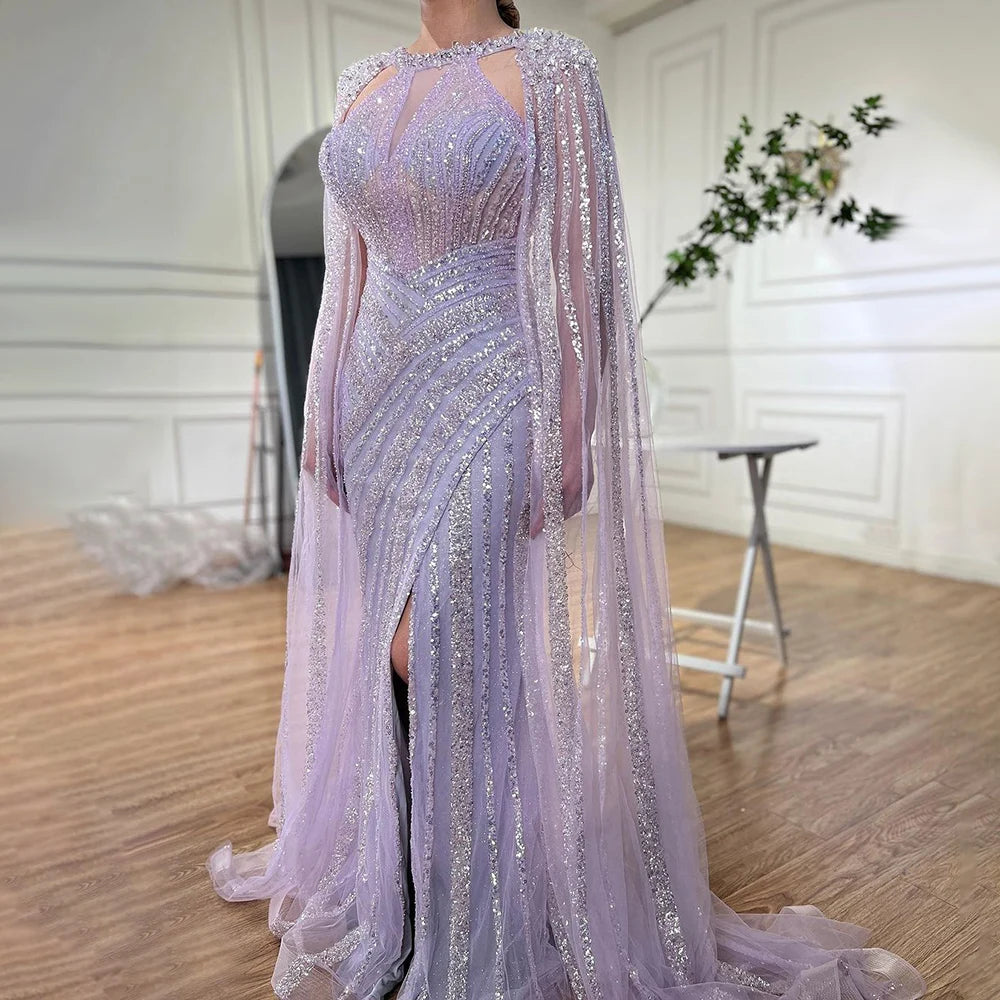 Elegant Yellow Crystal Evening Gown with Cape Sleeves - LA72085 for Prom, Gala & Formal Events