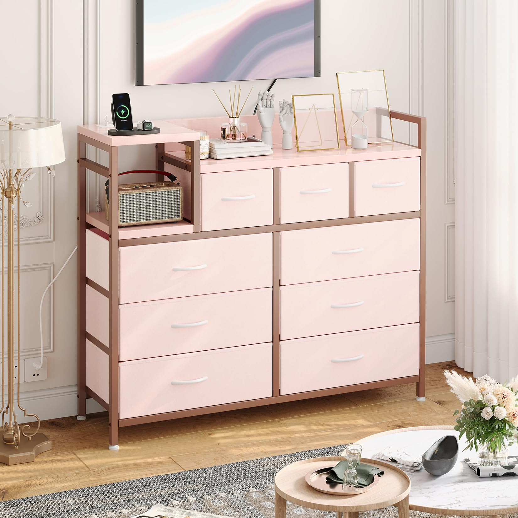 Jojoka TV Stand with Charging Station - 9-Drawer Modern Dresser for Bedroom & Living Room - Pink Entertainment Center for TV, Gaming Console & Media Storage