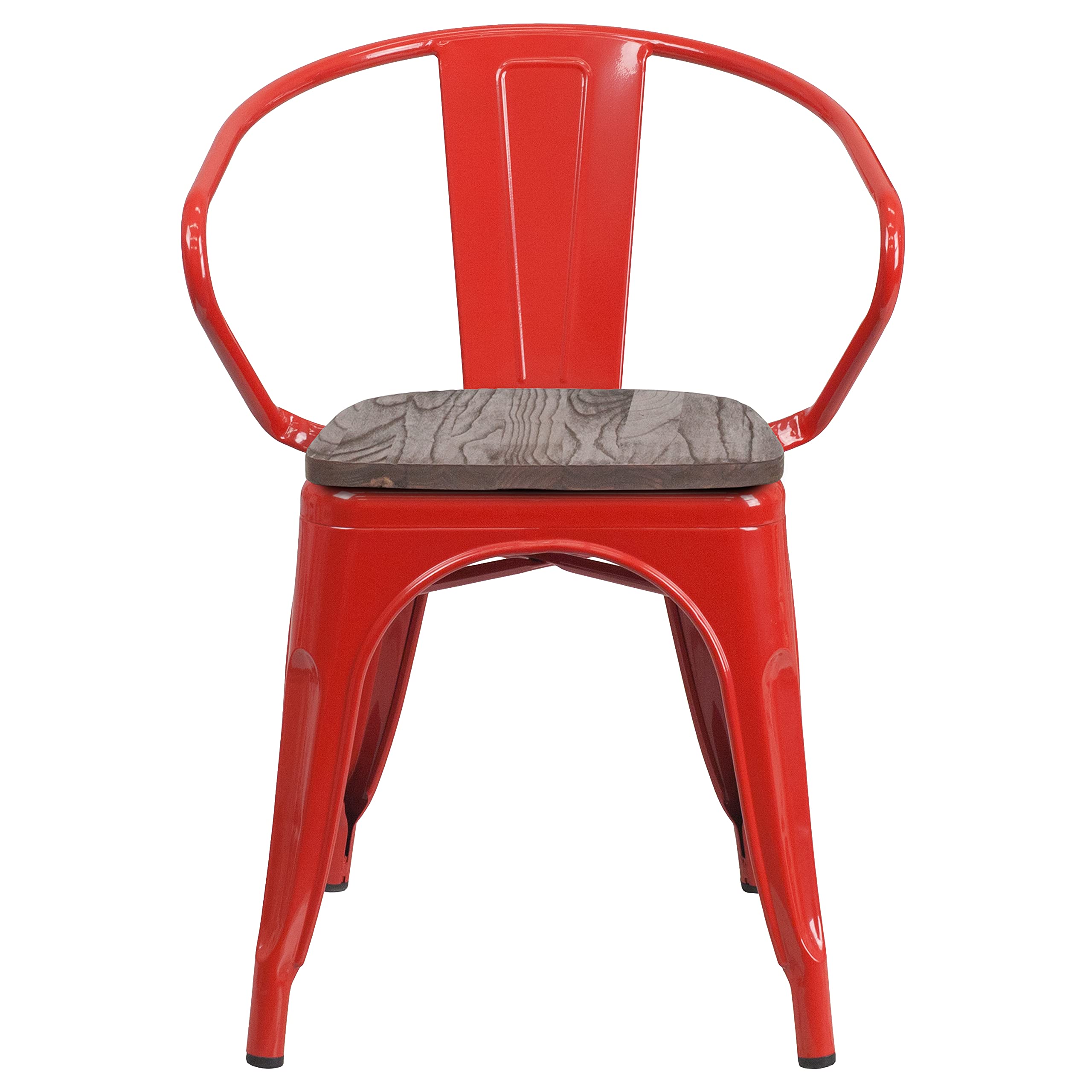 4 Pack Red Metal Chairs with Wooden Seats & Arms - Durable Restaurant & Cafe Furniture for Indoor & Outdoor Dining, Patio, Bistro, and Home Decor