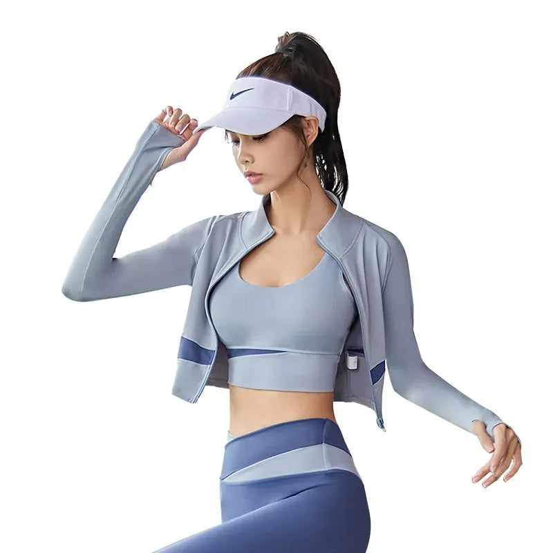 Women's 3-Piece Yoga Set - Patchwork Gym Coats, Sports Bra & Leggings - Workout Running Fitness Outfit for Women - Perfect for Yoga, Gym & Activewear