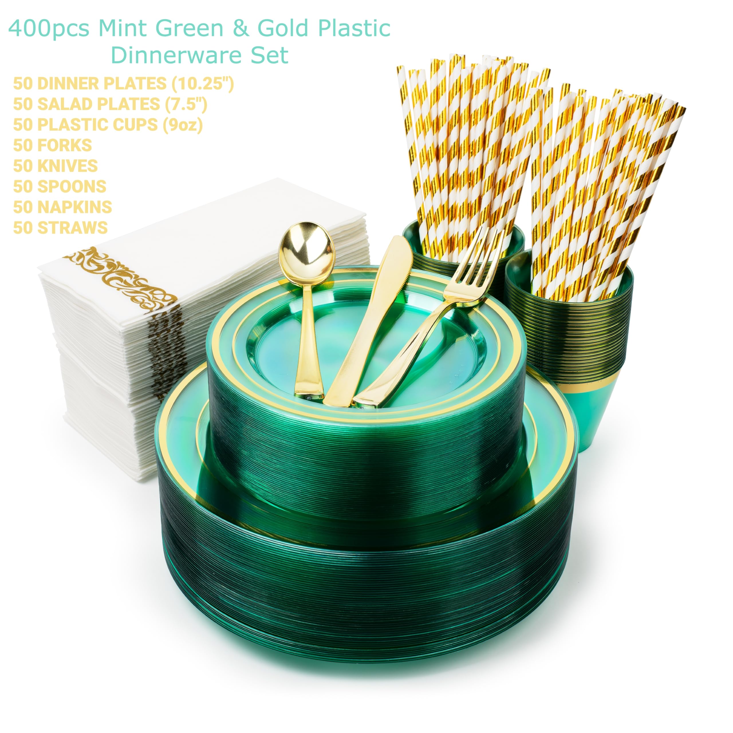 400-Piece Mint Green Disposable Plastic Plates Set for 50 Guests - Heavy Duty Dinner Plates, Fancy Dessert Plates, Gold/Silver Cutlery, Cups, Napkins & Straws - Perfect for Weddings, St. Patrick's Day, Easter & Party Events