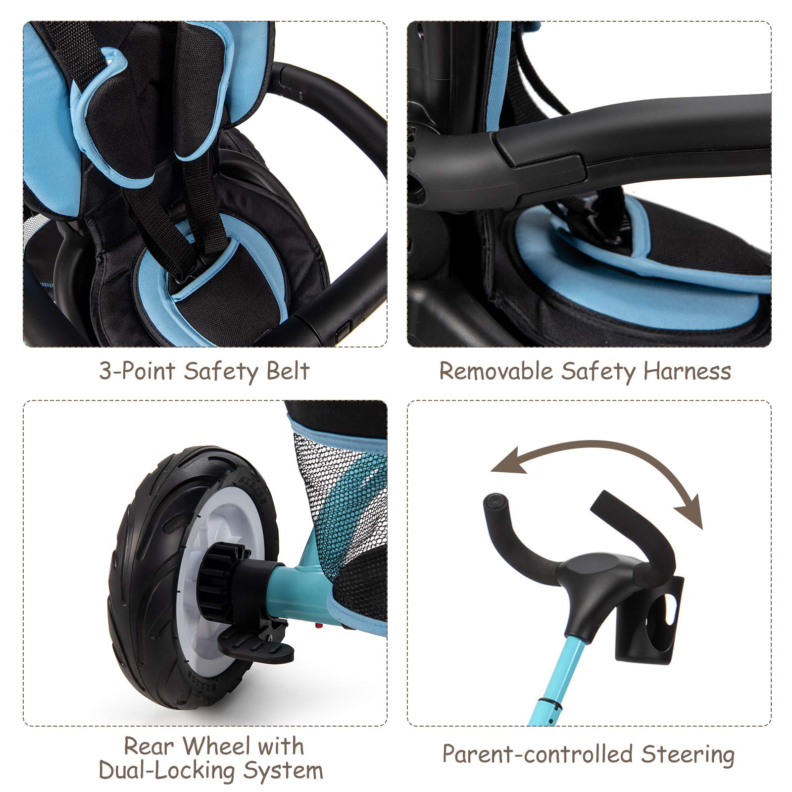 BABY JOY 7-in-1 Foldable Toddler Tricycle with Adjustable Canopy & Safety Harness - Convertible Push Bike with Rotating Seat, Storage Basket & Cup Holder for 1-5 Year Olds (Blue) | Perfect for Outdoor Play, Park Rides & Learning to Cycle