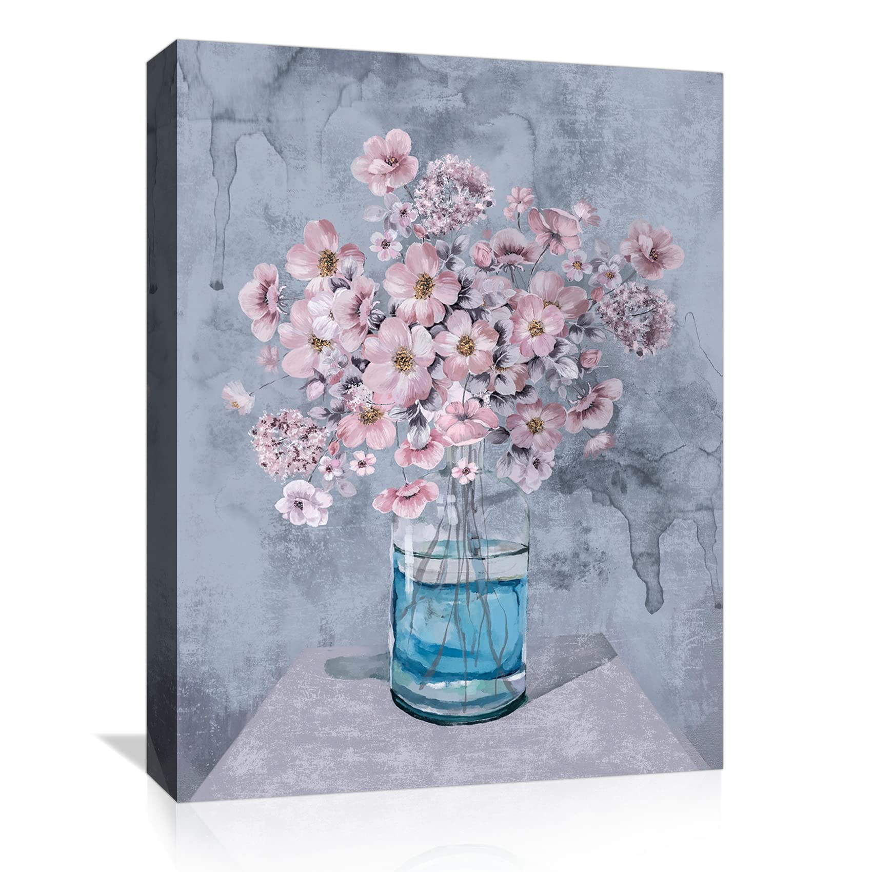 Pink Flowers Canvas Wall Art - 12x16 Framed Decor for Bedroom, Bathroom & Office