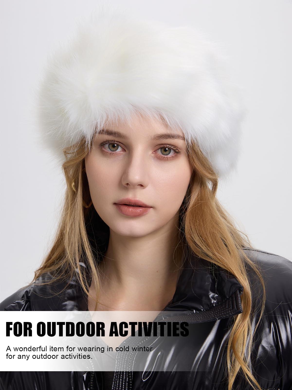 Women's Faux Fur Headband - Elastic Fuzzy Thick Winter Earmuffs & Ear Warmers for Cold Weather | Soft Headwrap for Outdoor Activities, Skiing, Running (White)