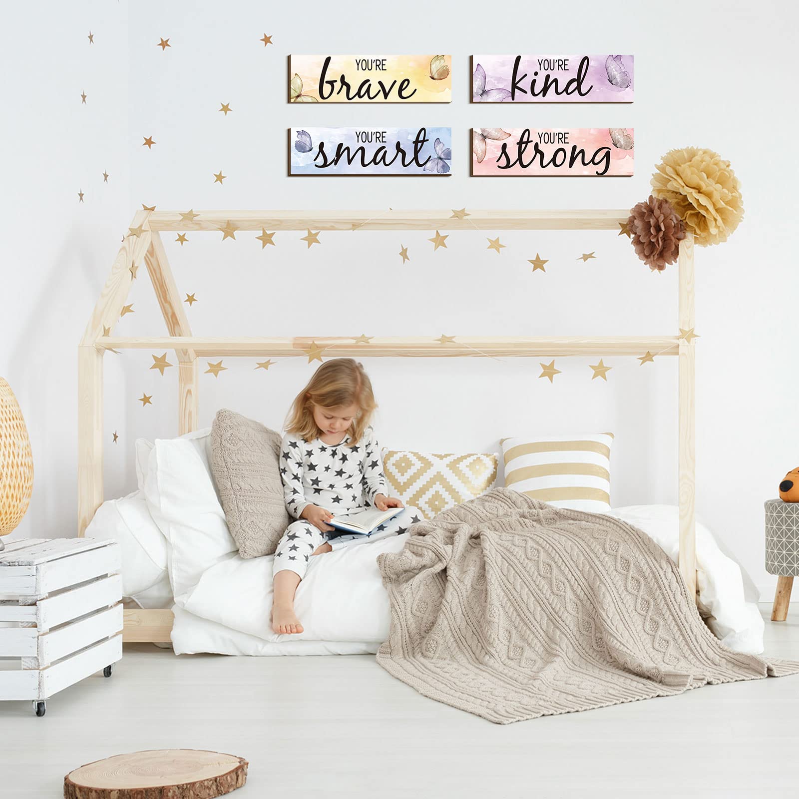 4-Piece Butterfly Inspirational Quote Wooden Wall Art - Motivational Home Decor for Women & Girls - Rustic Room Signs for Bedroom, Office, Nursery & Living Room - Perfect for Gifts & Home Decoration