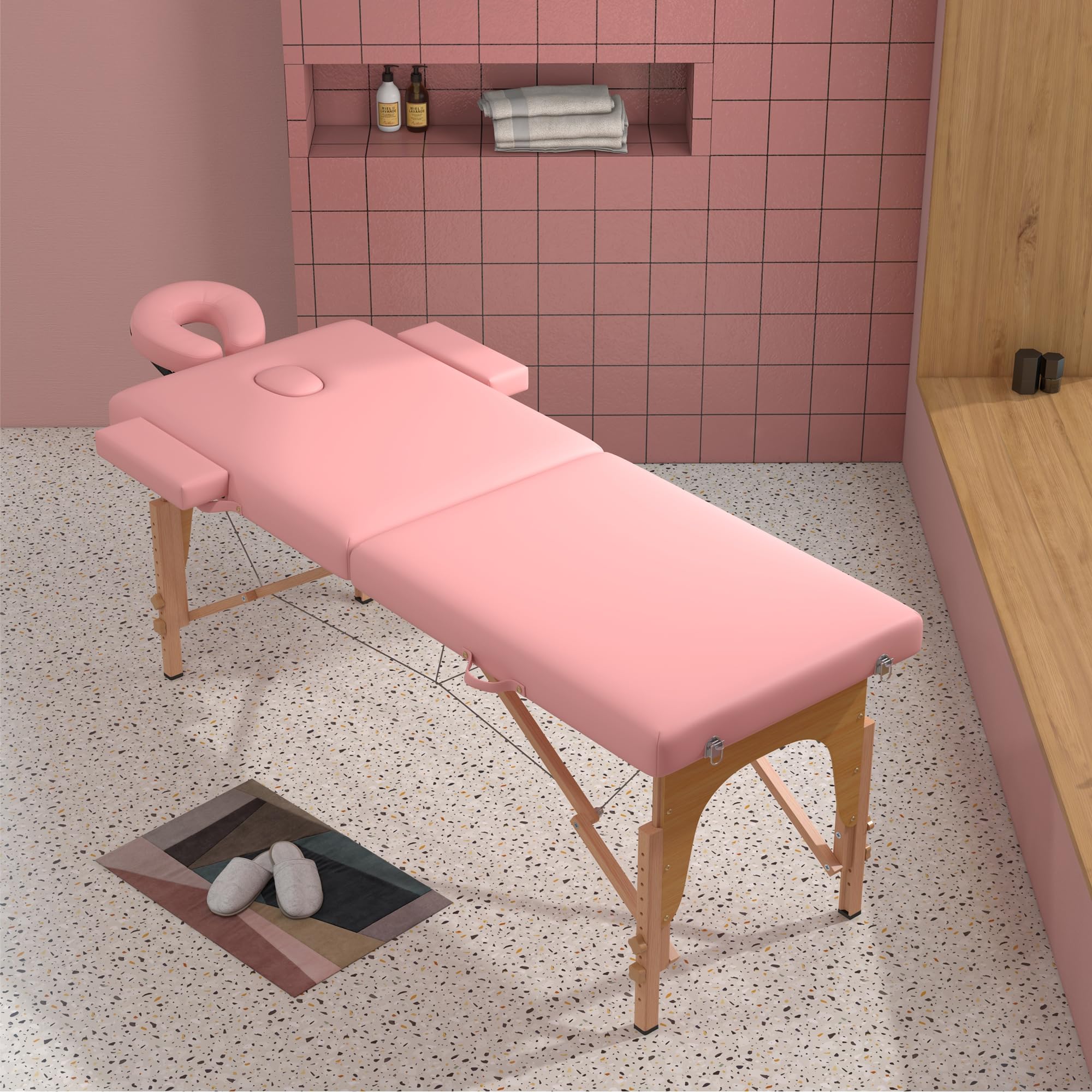 Portable 2-Section Foldable Massage Table - Adjustable Height Spa & Tattoo Bed with Face Cradle - Lightweight Wood Frame Facial Salon Bed for Home & Professional Use - Perfect for Massage Therapy, Tattoo Parlors & Beauty Salons (Light Pink)