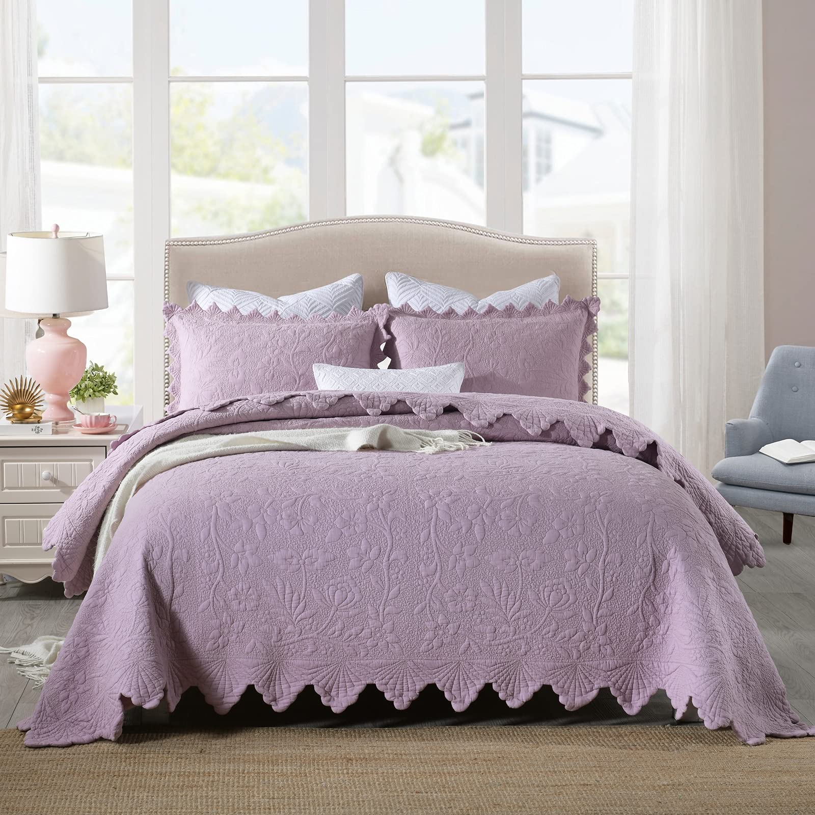 Luxury 3-Piece Bedspread Quilt Set Full/Queen/King Size - 100% Cotton Reversible Coverlet, Soft & Lightweight All-Season Bedding - Pink, 250x270cm - Perfect for Master Bedroom, Guest Room & Cozy Home Decor