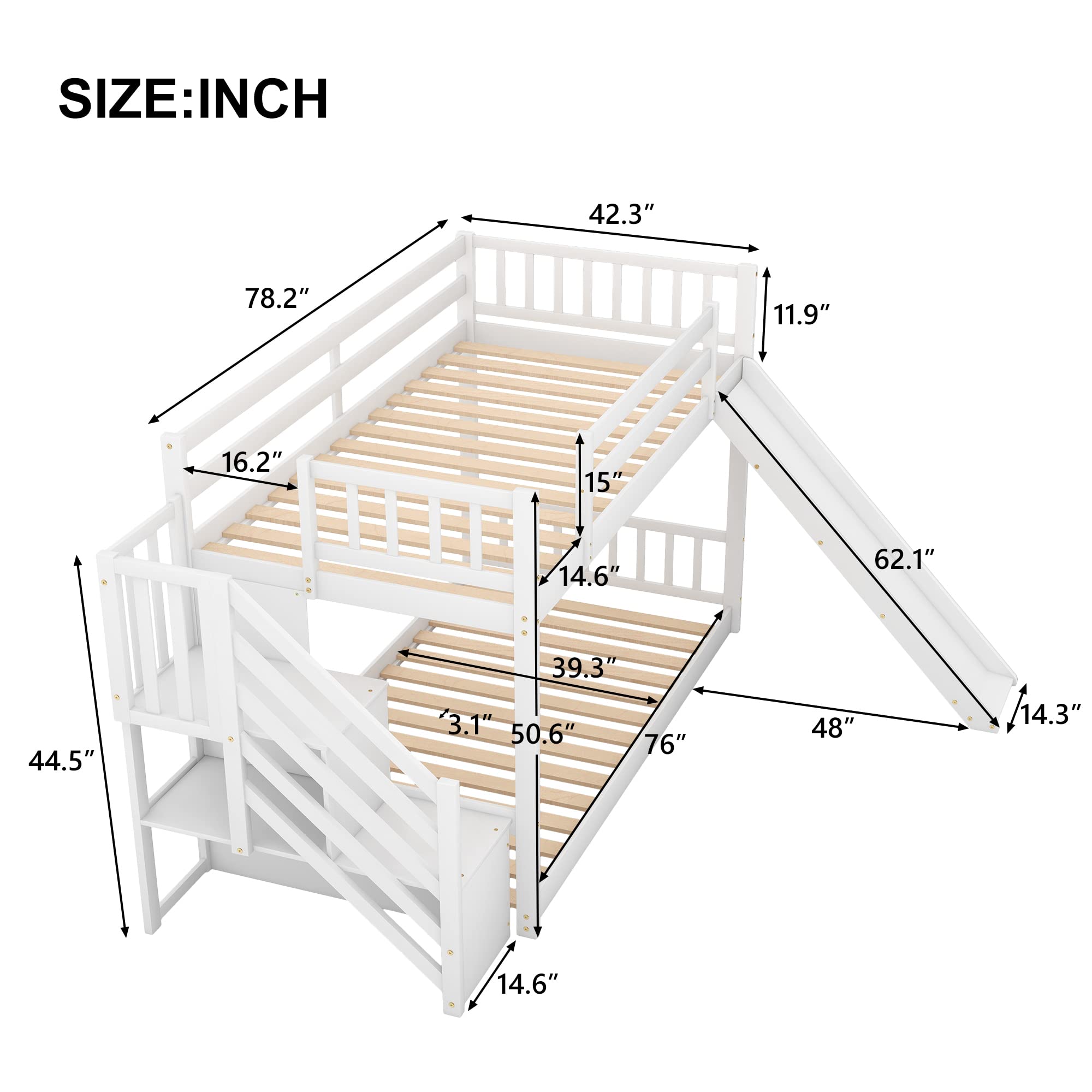 Twin Size Bunk Bed with Stairway & Convertible Slide - White Wood Bunk Bed Frame with Safety Guardrails, No Box Spring Needed - Space-Saving Twin Over Twin Bunk Bed for Kids' Bedroom, Dorm Room, or Small Space