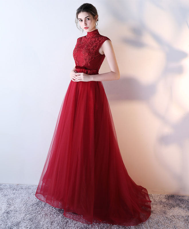 Elegant Burgundy Lace Tulle Long Prom Dress for Women - Formal Evening Gown for Homecoming, Wedding Guest & Special Occasions