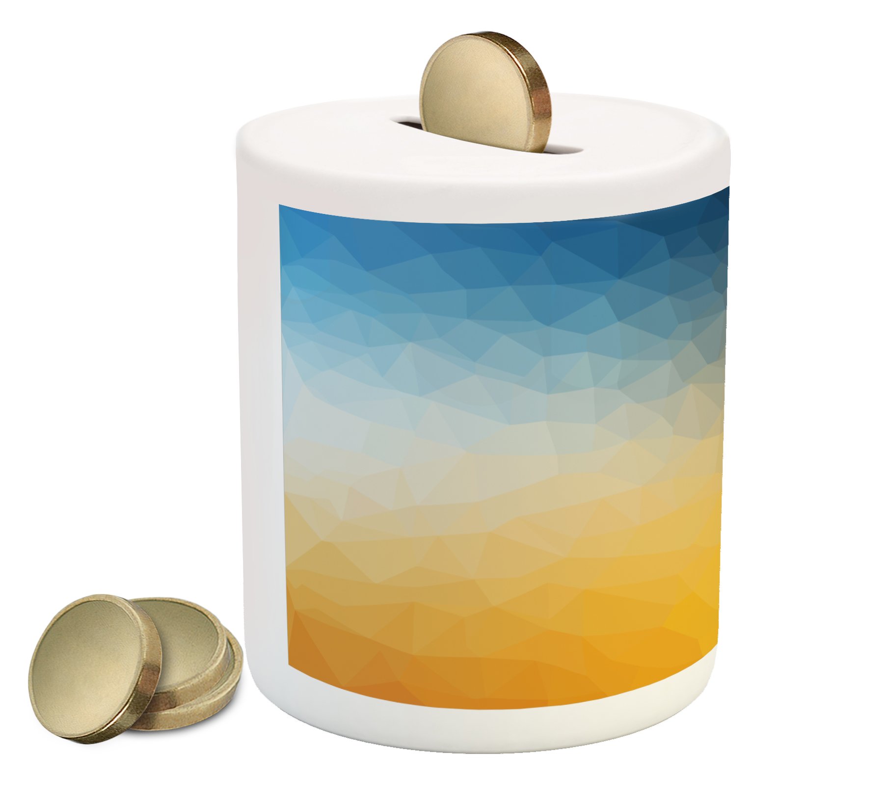Ambesonne Ceramic Piggy Bank - Abstract Polygon Fractal Gradient Design in Slate Blue & Marigold | Money Saving Coin Bank for Kids & Adults | Perfect for Birthday Gifts, Home Decor, and Financial Education