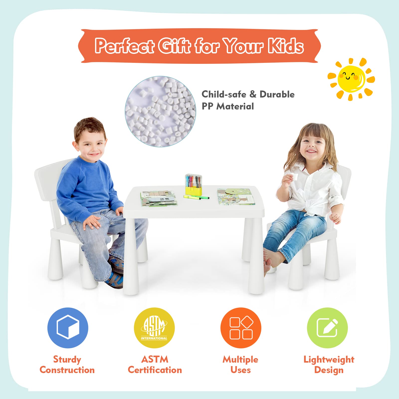 COSTWAY 3-Piece Kids Table and Chairs Set - Lightweight Plastic Children's Activity Table with 2 Chairs for Toddlers Ages 1-7, Perfect for Reading, Writing, Drawing, Crafts & Snack Time - White Kids Furniture Set for Playroom, Classroom or Daycare