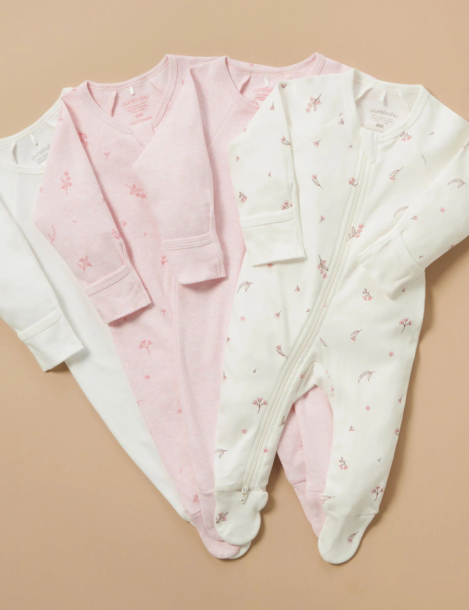 Purebaby Organic Cotton Zip Growsuit 4-Pack - Vanilla Blossom | Soft Baby Sleepwear for Newborns & Infants | Perfect for Daycare, Playtime & Nighttime Comfort