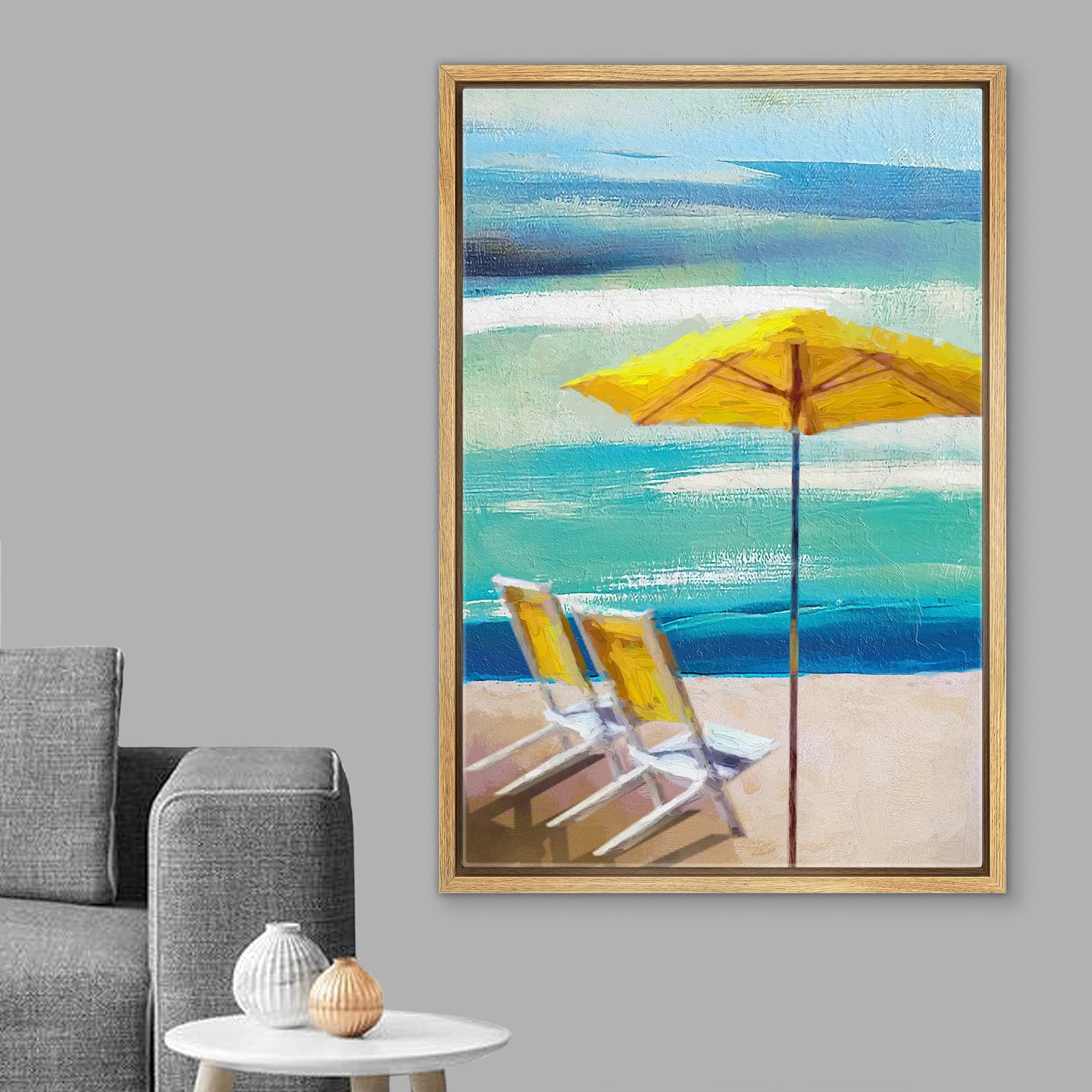 Yellow Beach Chairs & Umbrella Coastal Canvas Art Print - 16x24 Inch Framed Wall Decor for Living Room, Bedroom, Office - Tropical Beach Scene Modern Wilderness Illustration - Perfect for Coastal, Vacation & Summer Home Decor