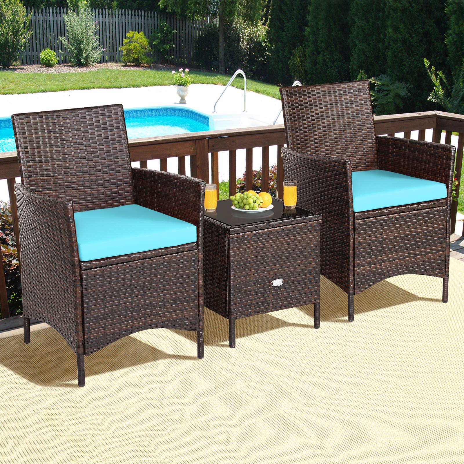 HappyGrill 3-Piece Patio Furniture Set - Rattan Wicker Bistro Set with Glass Coffee Table & Cushions, Outdoor Conversation Set for Garden, Lawn, Poolside, Backyard | Perfect for Relaxing, Entertaining & Outdoor Dining