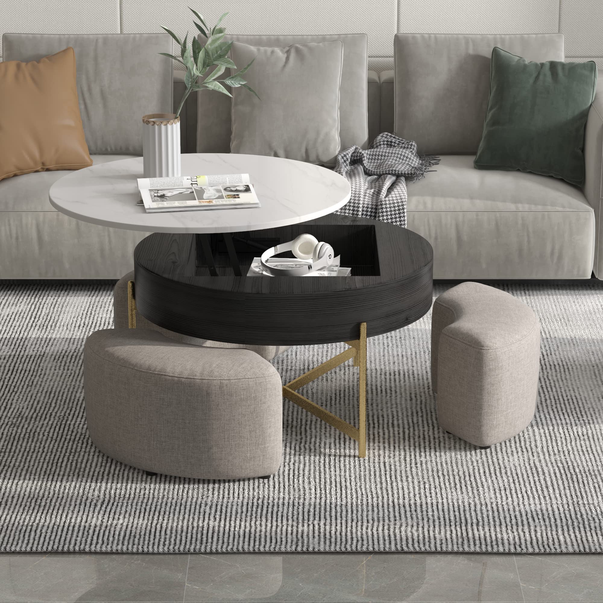 Lift Top Round Coffee Table with Stools - Modern Nesting Coffee Table Set with Hidden Storage | Black Marble End Table for Living Room, Home & Office | Perfect for Small Spaces, Entertaining & Storage Solutions