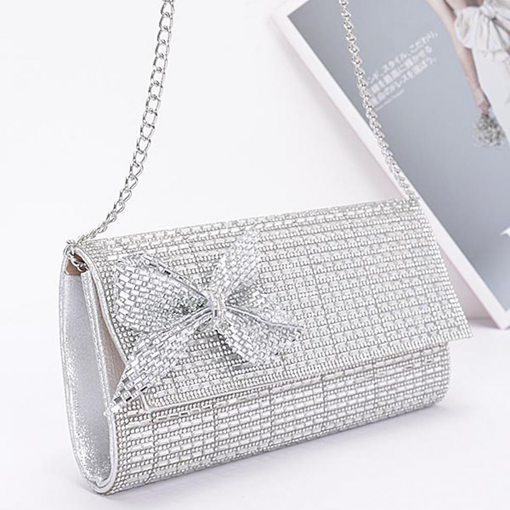 Sparkling Silver Rhinestone Party Clutch with Elegant Bow - Perfect for Evening Events, Weddings & Prom Nights