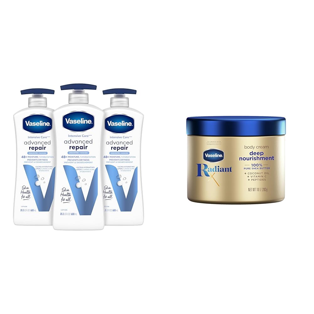 Vaseline Intensive Care Advanced Repair Body Lotion 20.3 oz (Pack of 3) + Radiant X Deep Nourishment Body Cream 10 oz - Ultra Hydrating Moisturizer for Dry Skin, Daily Skincare Routine, Gift Set for Women & Men
