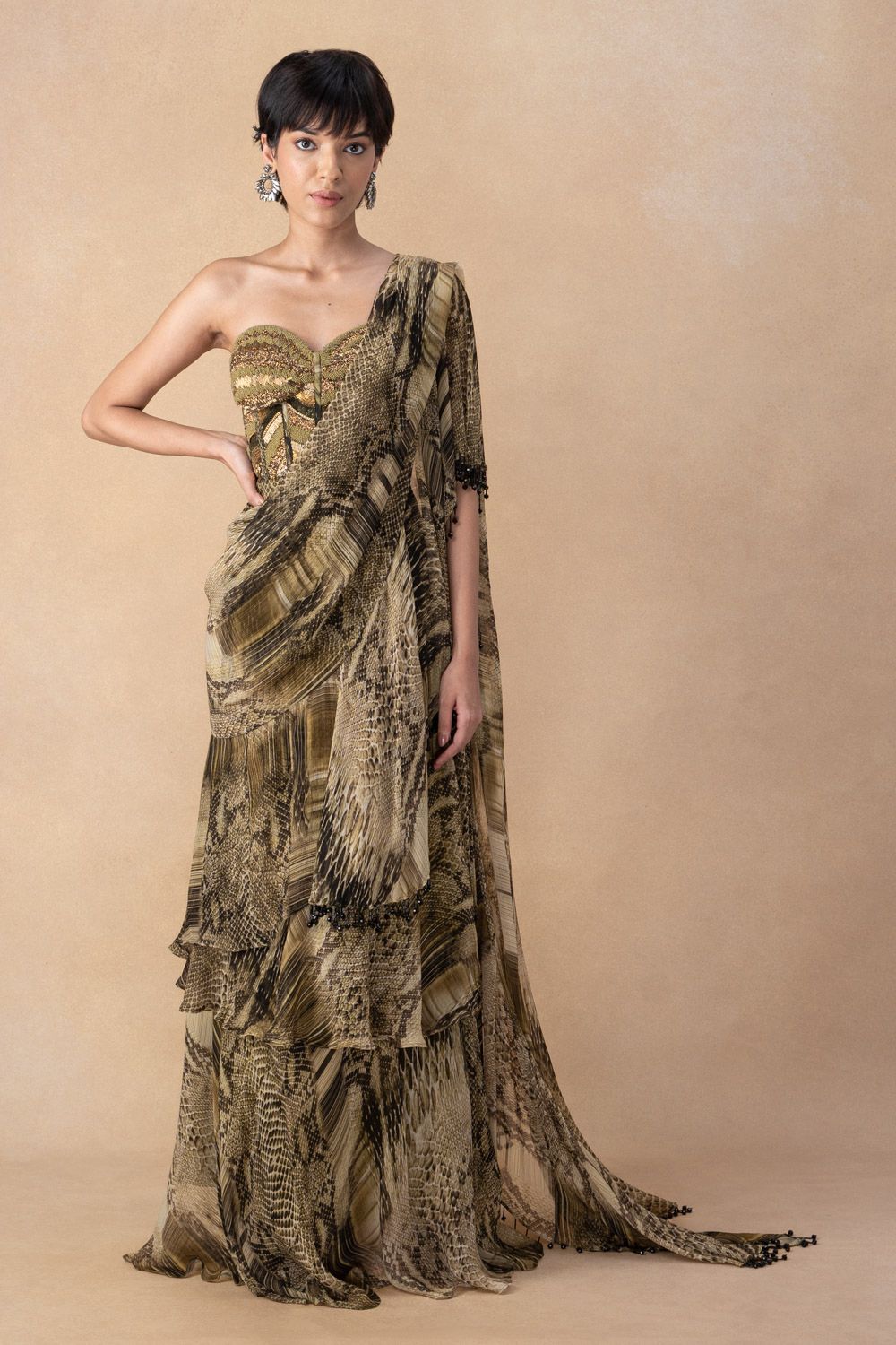 Stylish Green Python Print Ruffle Saree & Blouse Set for Women - Perfect for Diwali, Weddings & Special Occasions