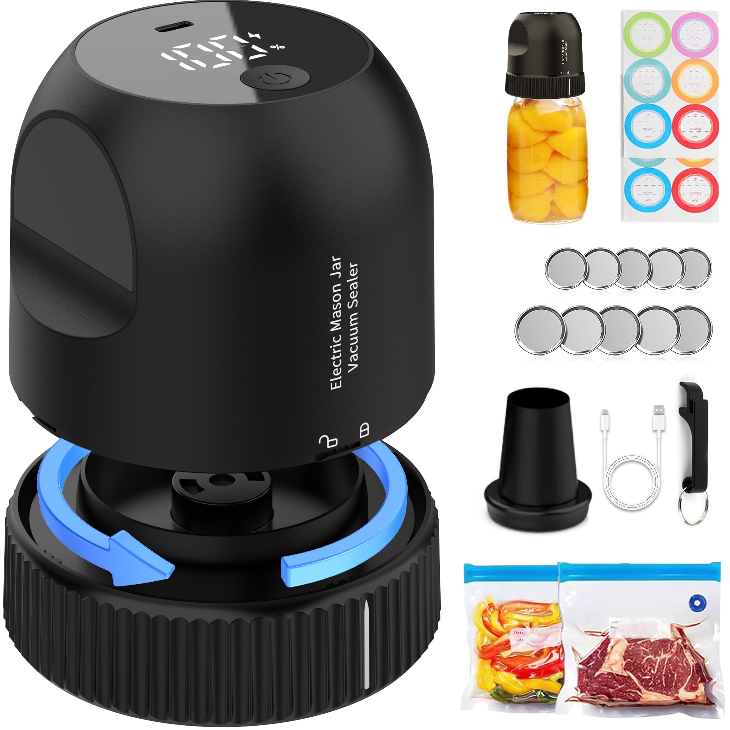 3-in-1 Mason Jar Vacuum Sealer Kit with Auto Stop - Electric Food Preservation System for Wide & Regular Mouth Jars, Sous Vide Bags - Compact Portable Vacuum Sealer for Food Storage (Black) - Perfect for Meal Prep, Canning, and Long-Term Food Preservation