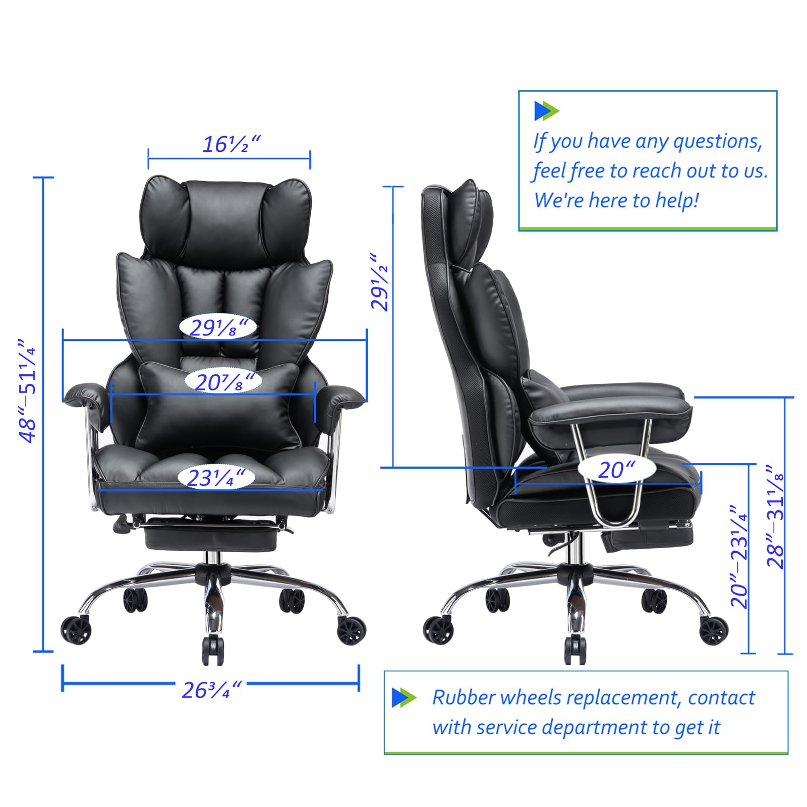 Efomao 400LBS Heavy Duty Office Chair - Big and Tall Executive PU Leather Computer Desk Chair with Adjustable Lumbar Support & Footrest - Ergonomic Black Office Chair for Home, Gaming, and Workspaces