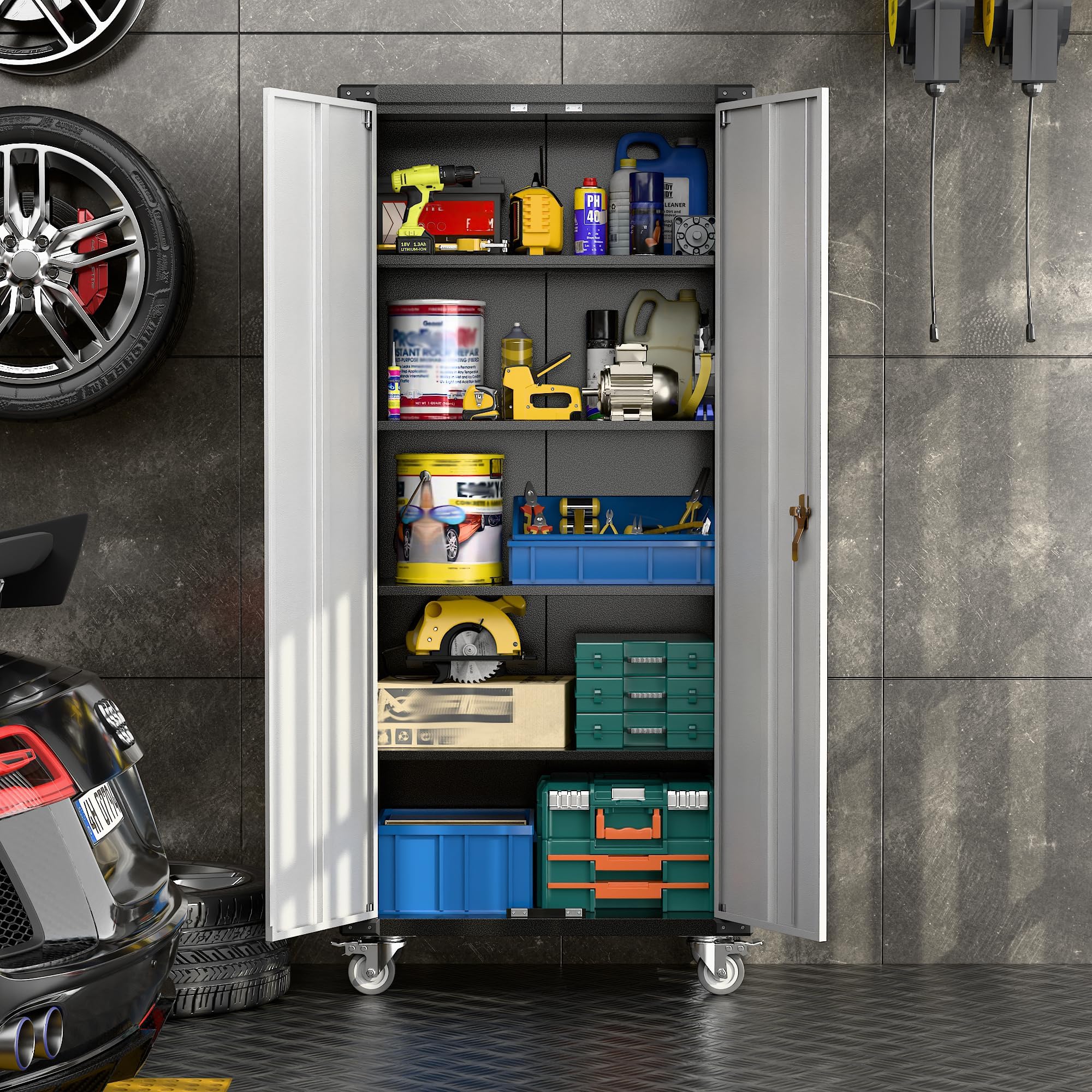 Heavy-Duty Metal Garage Storage Cabinet with Wheels - 72
