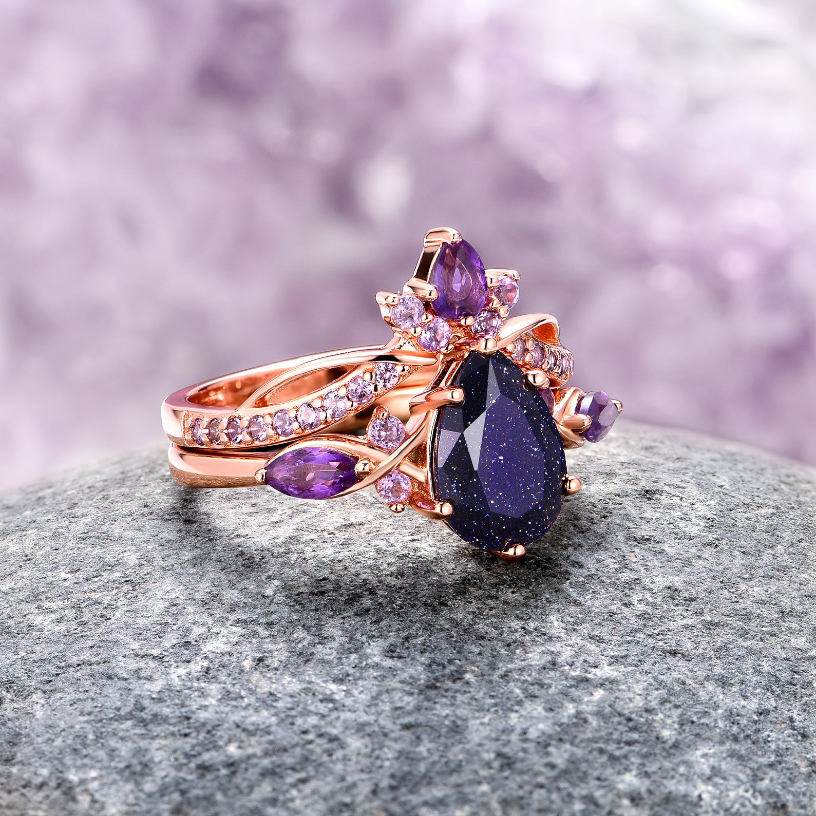 Feyra Starry Night & Amethyst Ring Set - 14K Rose Gold Vermeil Jewelry for Women, Elegant Stackable Rings for Daily Wear, Gift for Her, Anniversary & Valentine's Day
