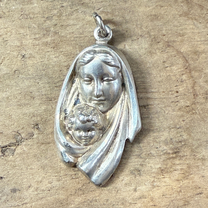 Vintage Cast Sterling Silver Mary & Jesus Mother & Child Religious Pendant Necklace - Perfect for Baptism, First Communion & Christian Gifts