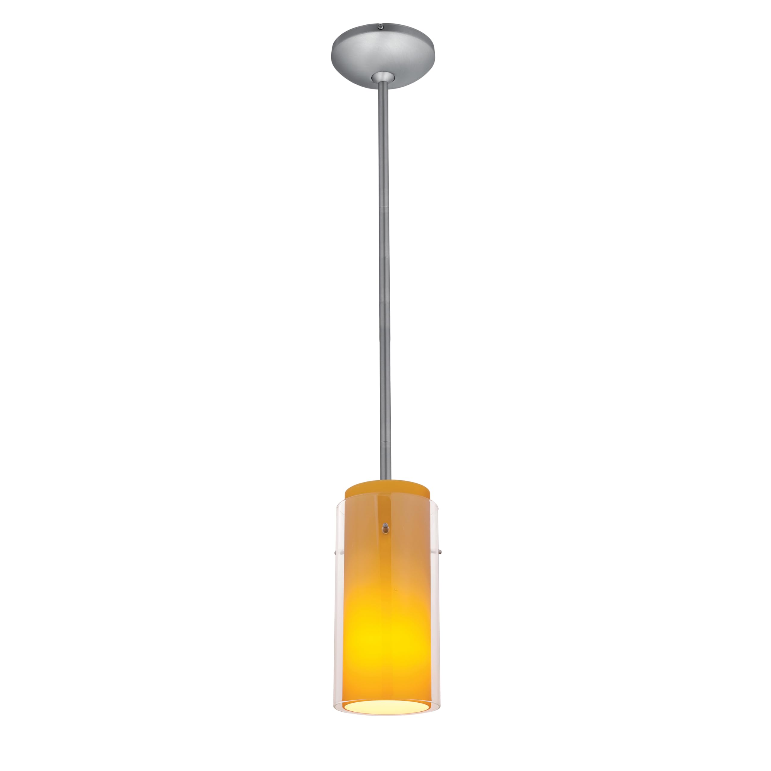 Brushed Steel Glass Cylinder Pendant Light with Clear Amber Shade - Modern Industrial Rod Hanging Fixture for Kitchen Island, Dining Room, or Bar Lighting
