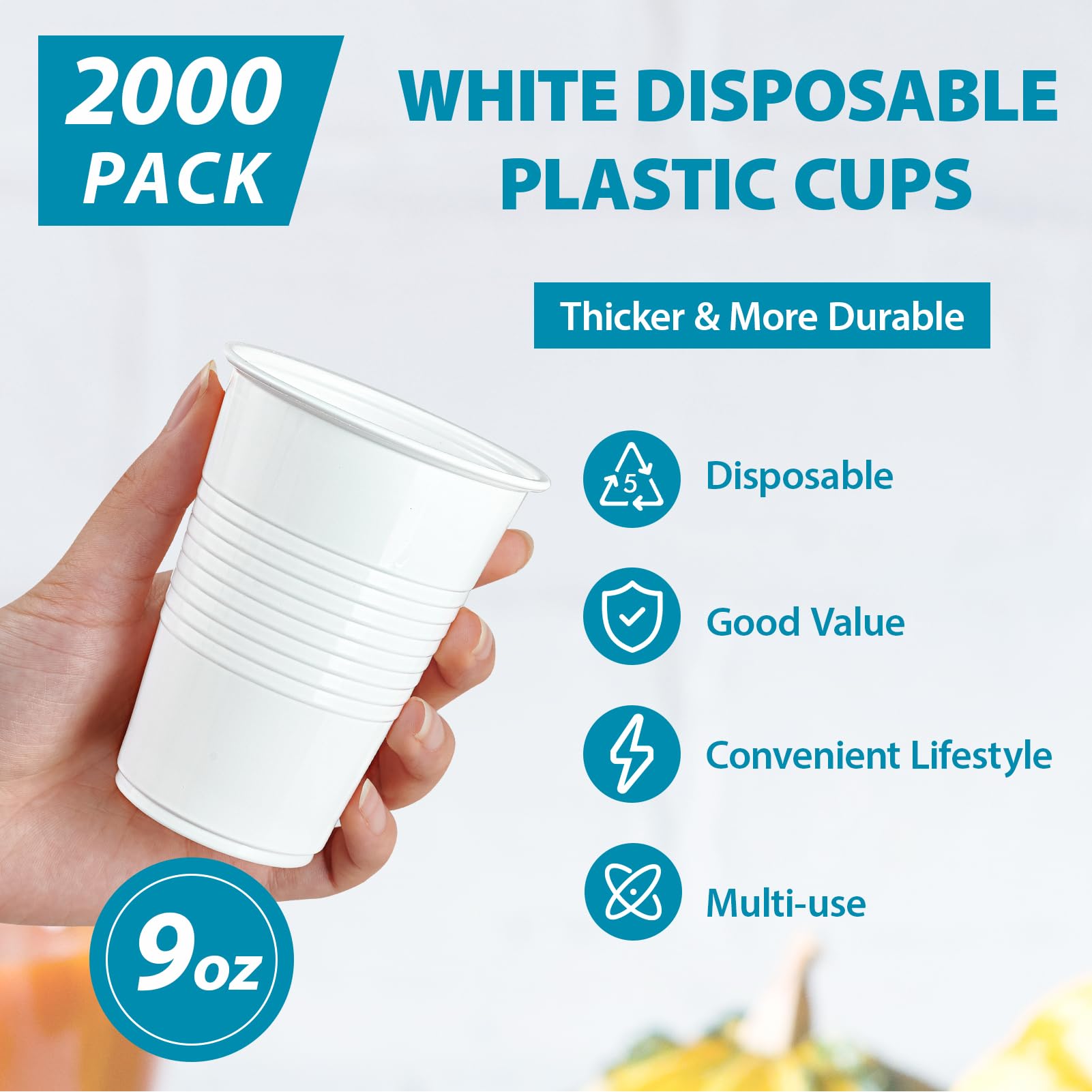 Lilymicky 2000 Pack 9 oz White Plastic Cups - Disposable Drinking Cups for Parties, Picnics, Events | Bulk Pack of 9 Ounce Cups for Birthday Celebrations, BBQs, Office Use & Family Gatherings