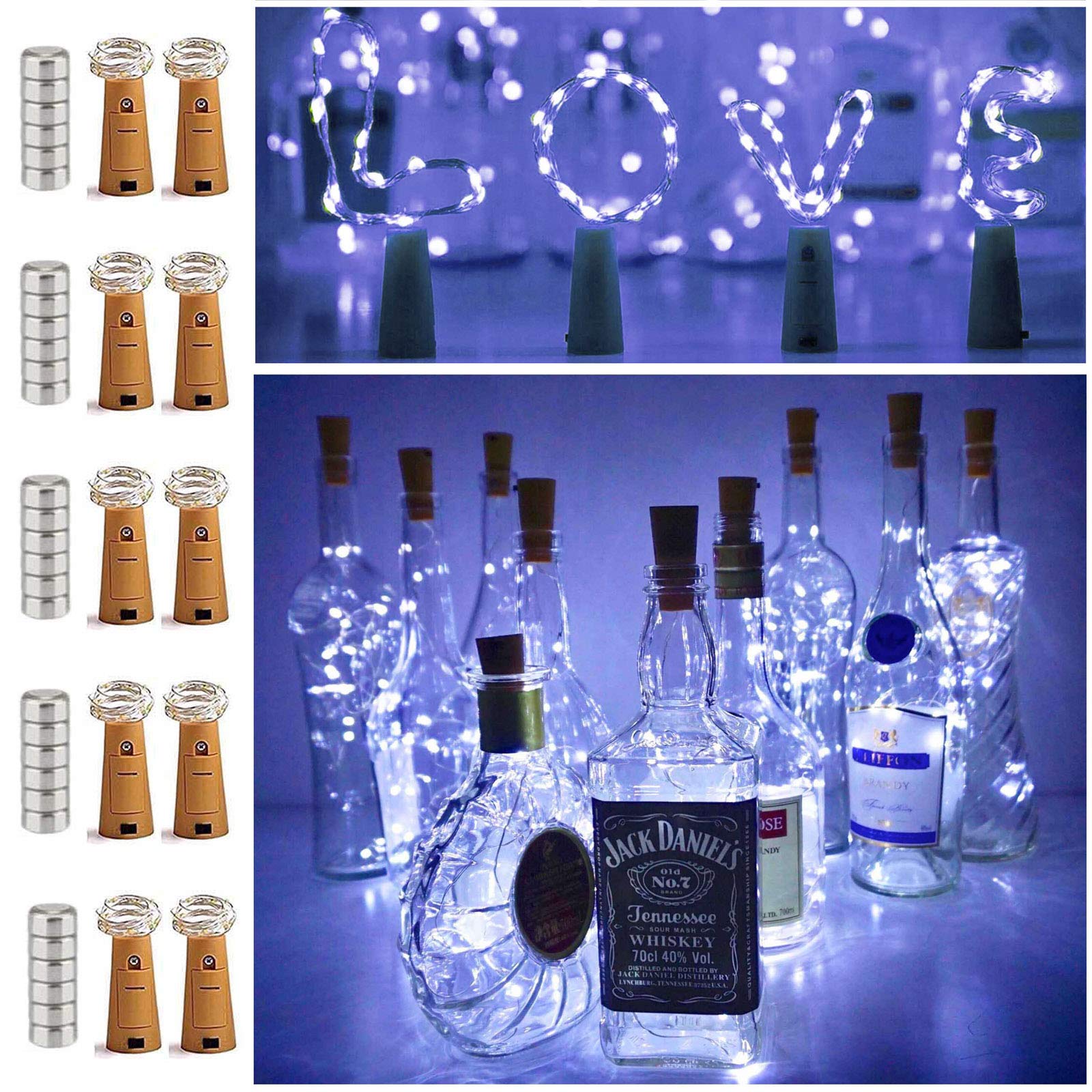 10 Pack 20 LED Wine Bottle Cork Lights - Mini Fairy String Lights with Copper Wire - Battery Operated Starry Lights for DIY, Wedding, Party Decorations - Cool White LED for Indoor & Outdoor Use - Perfect for Christmas, Halloween, Garden and Home Decor
