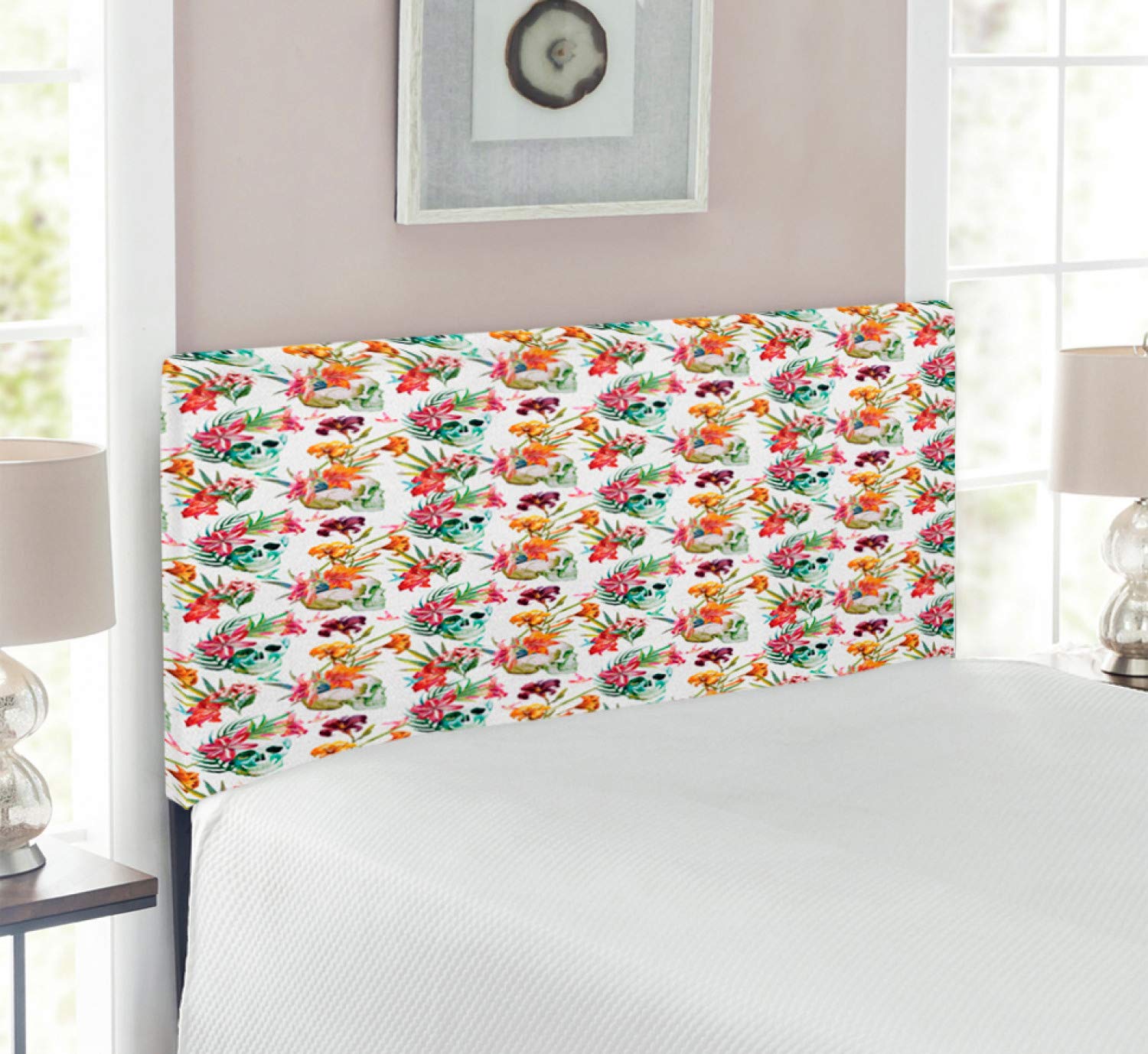 Ambesonne Skull Headboard - Tropical Lily Flower Watercolor Design, Upholstered Metal Bed Headboard with Memory Foam, Twin Size in Pink Orange Green - Gothic Bedroom Decor for Teens & Adults