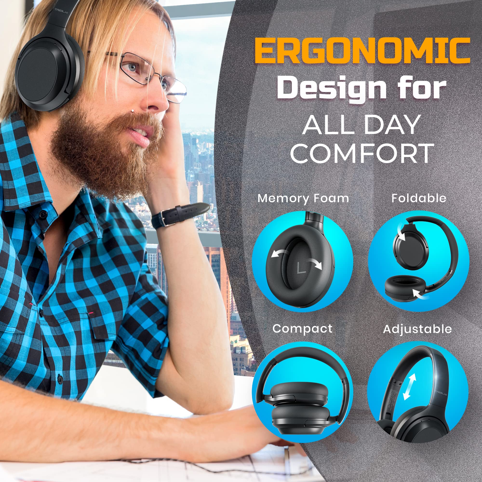 TREBLAB Z7 PRO Hybrid Active Noise Canceling Wireless Bluetooth Headphones with Mic - 45H Playtime, USB-C Fast Charging, aptX, Stereo Sound, Touch Control (Grey, Renewed) - Perfect for Travel, Workouts, and Office Use
