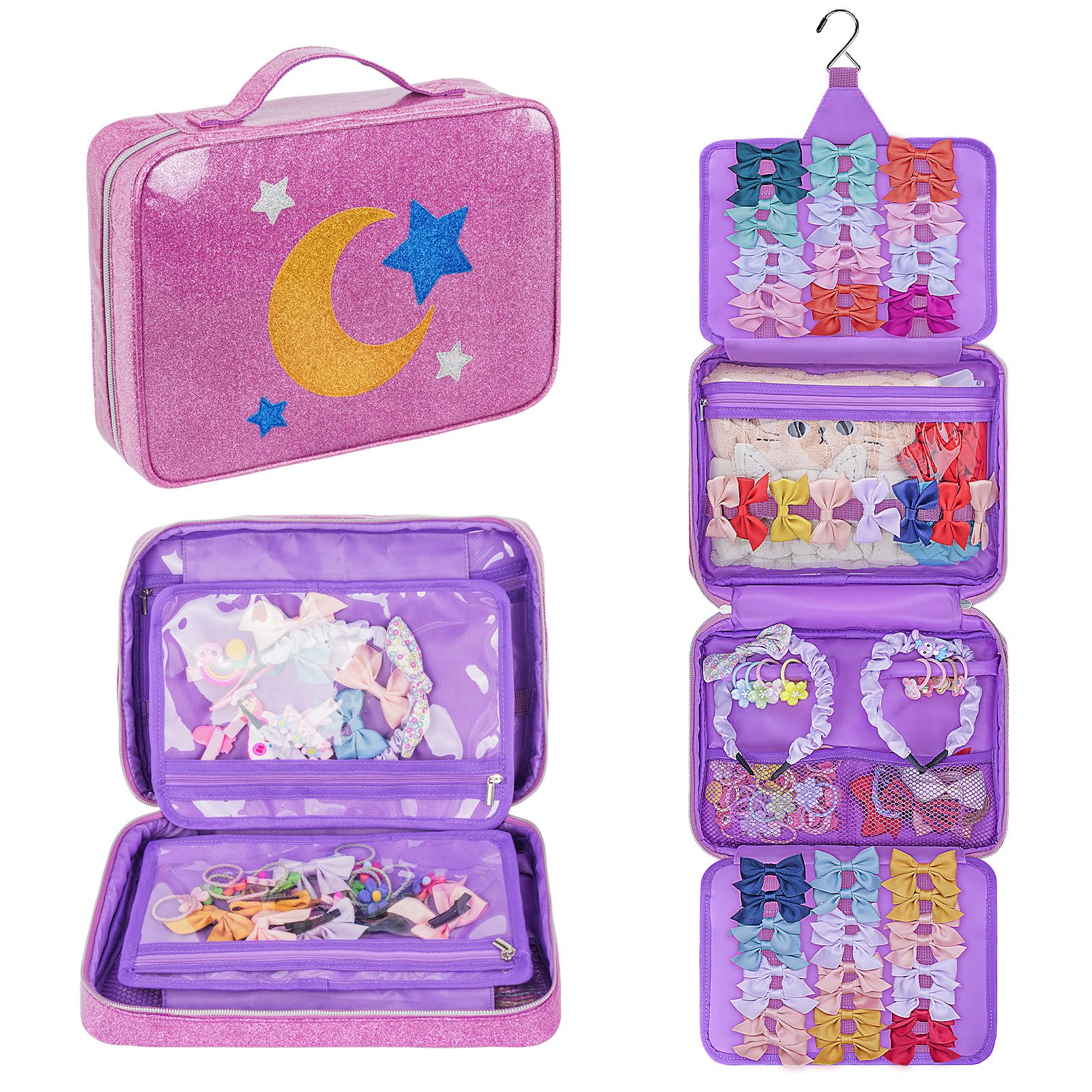 Shiny Bow Holder & Hair Accessories Organizer for Baby Girls - Travel Storage Bag for Hair Clips, Headbands, Scrunchies & Hair Ties (Purple) - Perfect for Home, Travel & School Organization