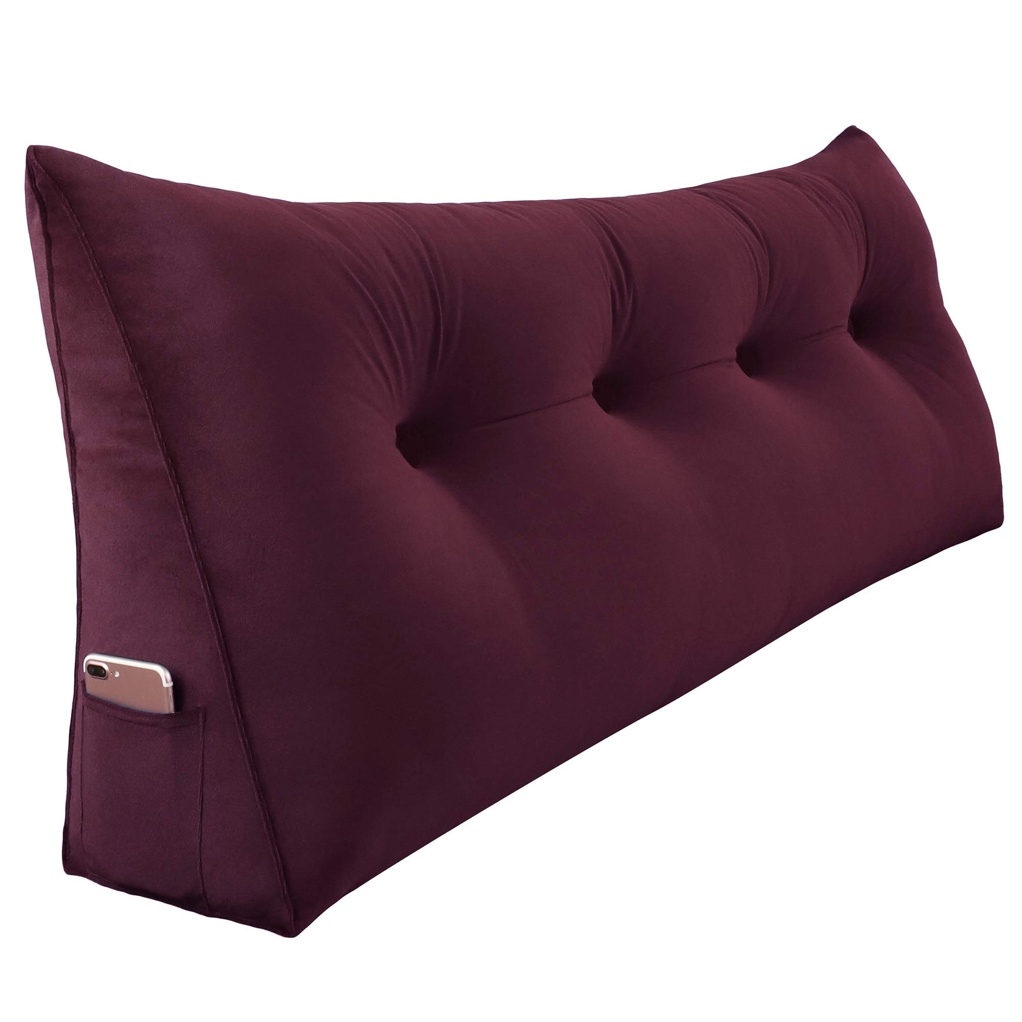 WOWMAX Large Bolster Triangular Headboard Backrest Pillow - Wedge Support Cushion for Sitting in Bed, Daybeds & Bunk Beds with Removable Velvet Cover (Wine Red) - Perfect for Reading, Relaxing & Watching TV in Bed