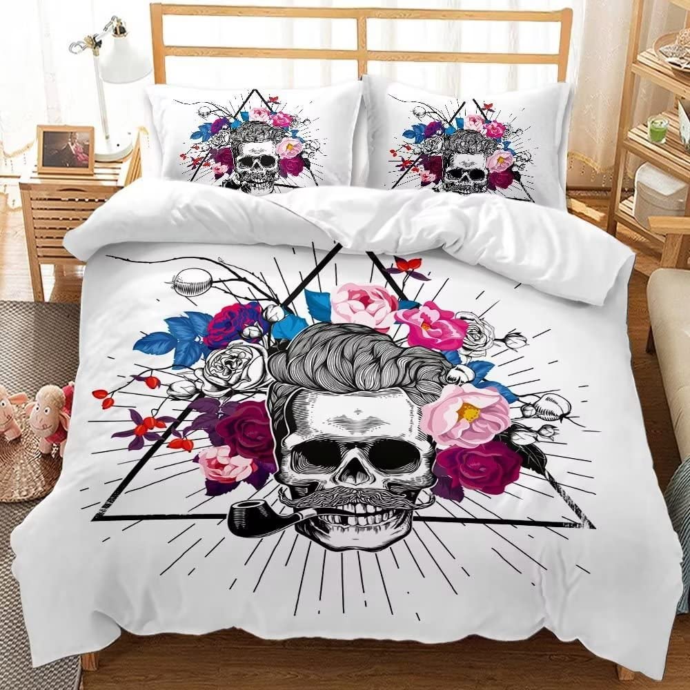 King Size Halloween White Bedding Set with 3D Printed Flower Smoking Skull Design - Horror Theme Duvet Cover Set for Boys (1 Duvet Cover + 2 Pillowcases) - Perfect for Spooky Bedroom Decor, Halloween Parties, and Horror Themed Rooms