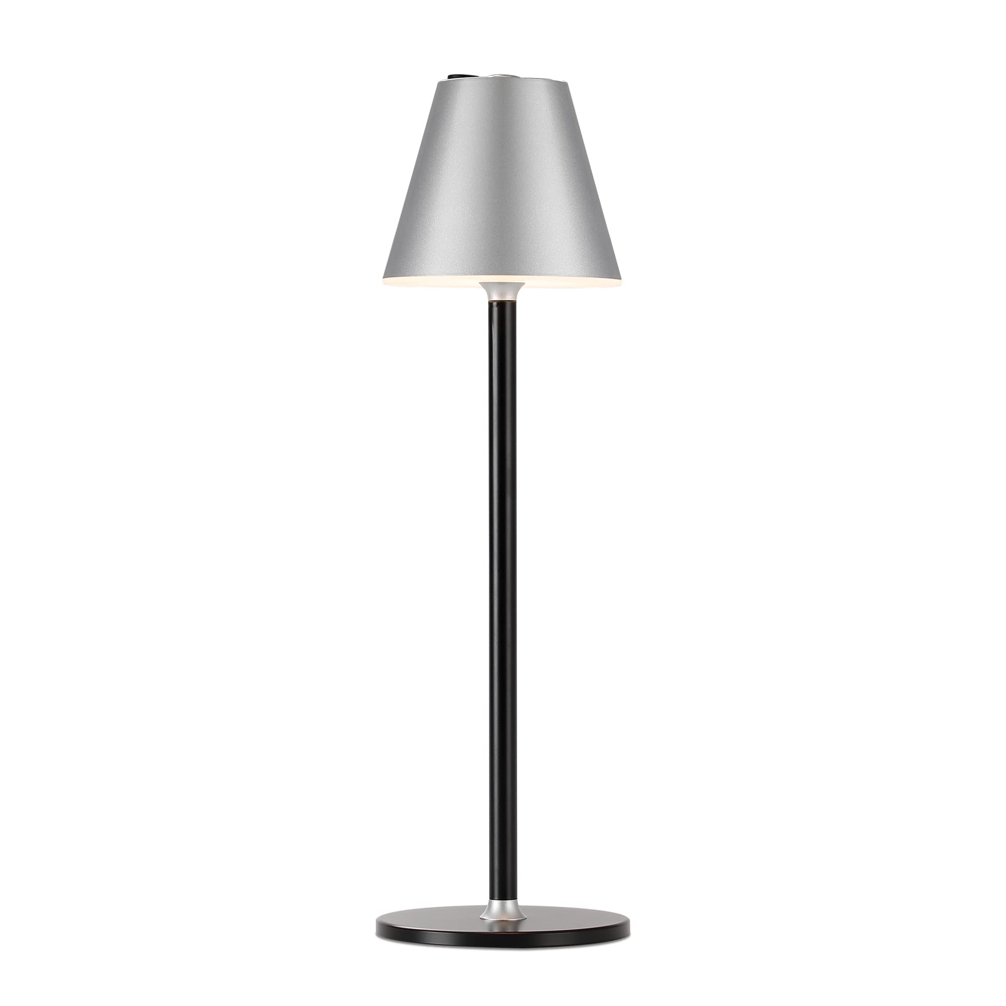 Modern LED Cordless Table Lamp - 4000mAh Rechargeable Battery Desk Light with 3 Brightness Levels, Minimalist Metal Design for Bedroom, Office, Restaurant & Coffee Table (Silver & Black) | Perfect for Romantic Dinners, Night Reading and Ambient Lighting