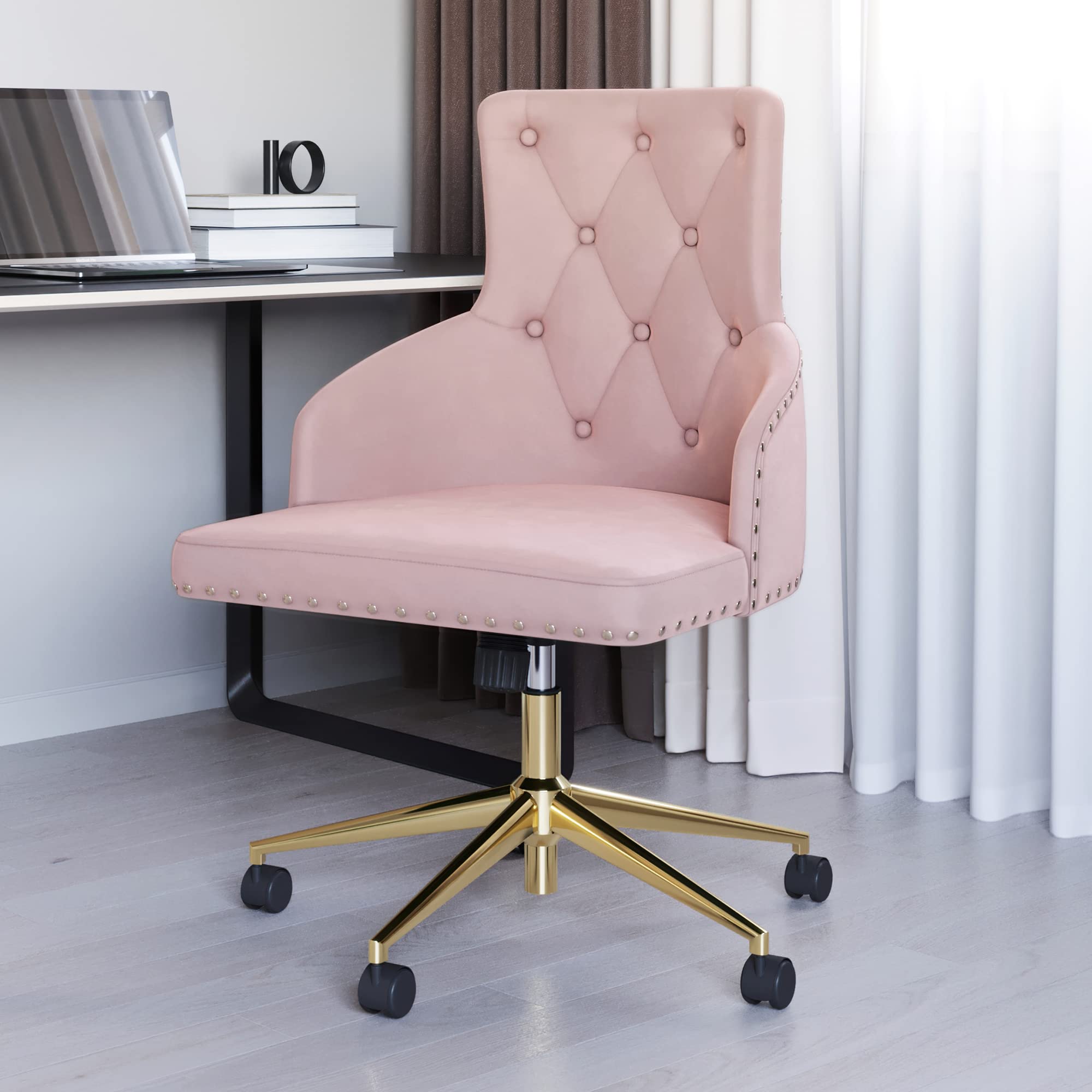 BELLEZE Modern Velvet Desk Chair - Adjustable Height Swivel Office Chair with Wheels & Tufted Upholstered Seat for Home Office, Bedroom Vanity or Gaming Setup - Pink (Belden Collection)