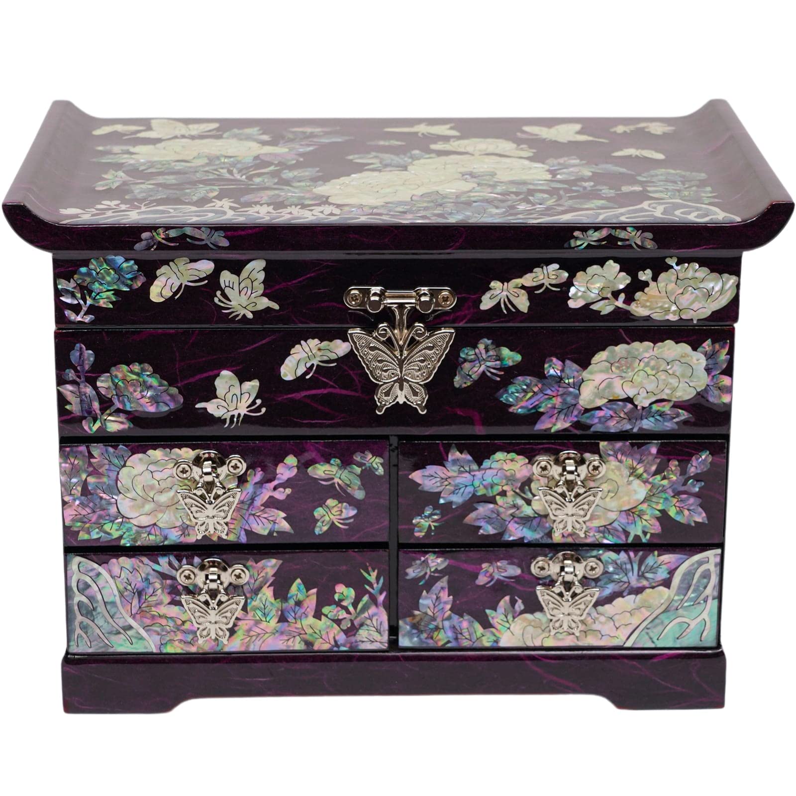 February Mountain Mother of Pearl Wooden Jewelry Organizer Box - Spacious Jewelry Storage for Women with Multiple Drawers, Perfect for Organizing Rings, Bracelets, Watches, Necklaces & Accessories (Peony Purple) | Elegant Jewelry Display for Dresser Top, Vanity or Gift Giving