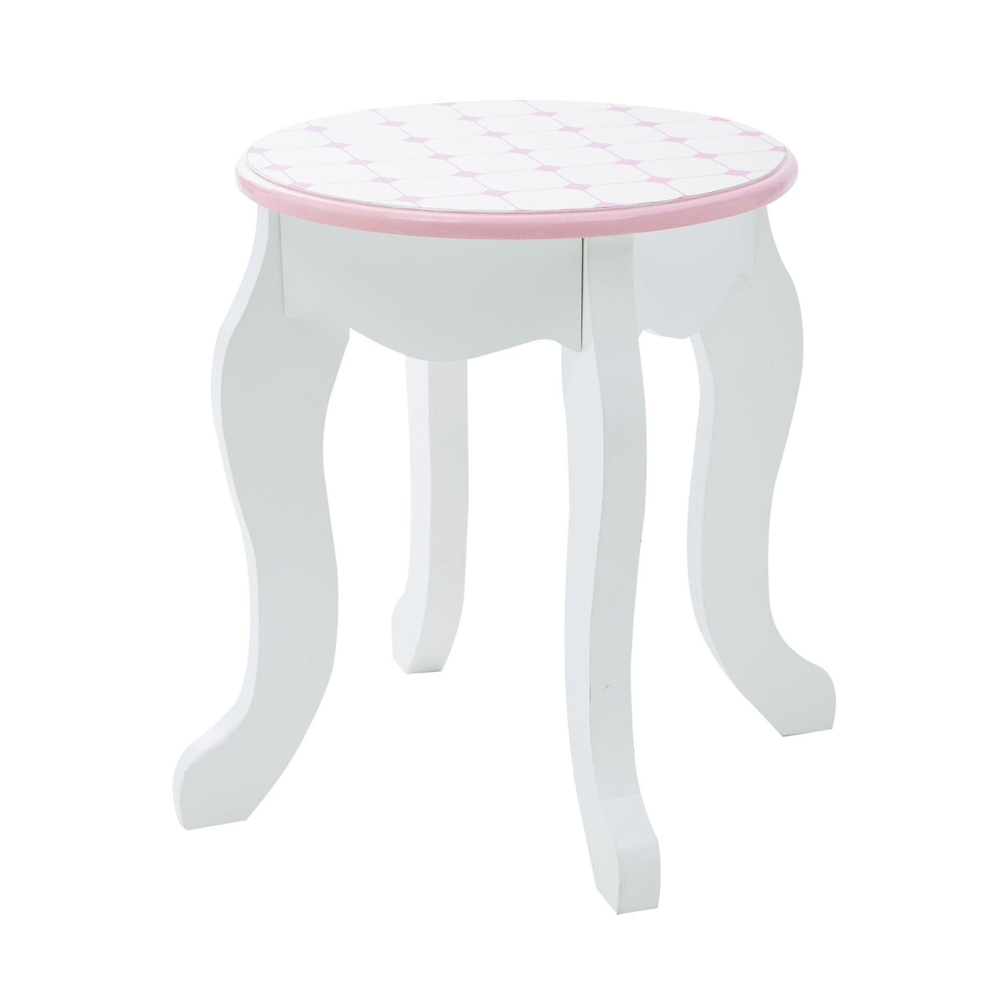 Teamson Kids Dreamland Princess Play Vanity Set with Mirror, Shelf, Storage Drawer & Stool - White & Pink Doll Furniture for 12