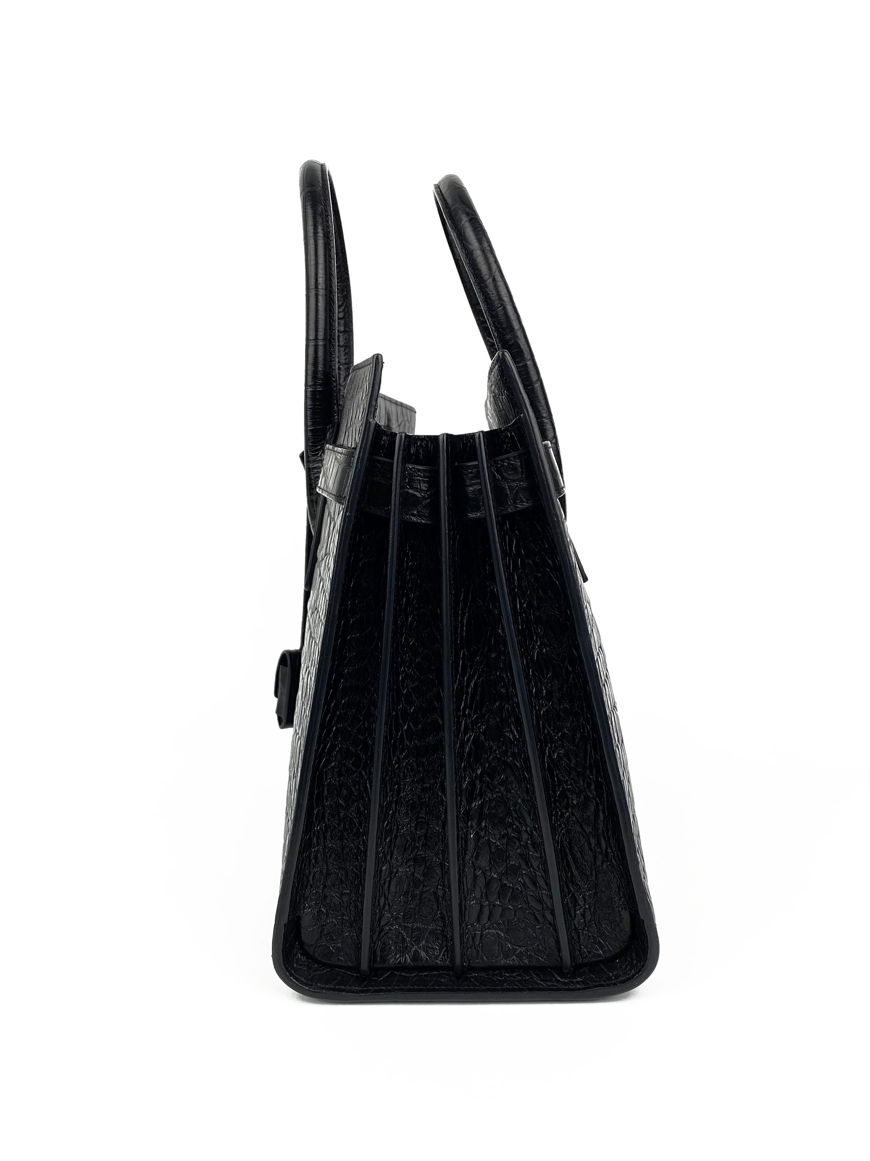 Saint Laurent Small Black Croc-Embossed Leather Sac de Jour Handbag for Women | Luxury Designer Tote Bag for Work, Travel & Everyday Use